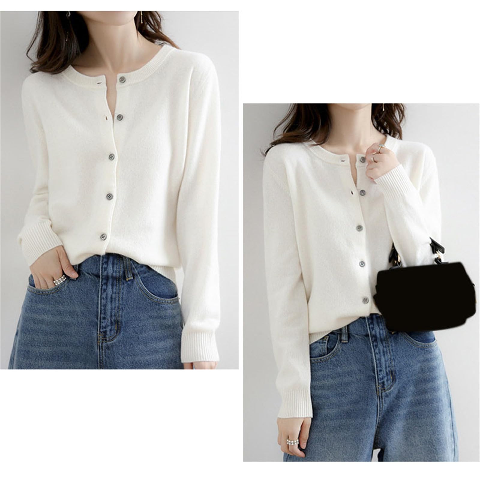 Cárdigan de punto para mujer, manga larga, cuello redondo, suéter de punto para primavera, chaqueta de entretiempo, monocolor, manga larga, sin costuras, ligero bolero con botones, elegante cárdigan