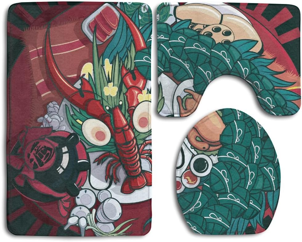 HanSmallT Dragon Boat Festival Food Cartoon Illustration White Non Slip 3 Piece Bathroom Carpet Pedestal Rug + Lid Toilet Cover + Bath Mat Customized Artwork Print