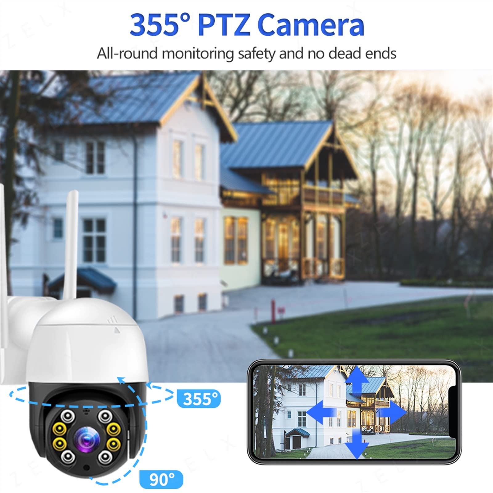 Telecamera Wifi Esterno, Telecamera IP 8MP 4K H.265 3MP HD CCTV Videosorveglianza Monitoraggio automatico 1080P Telecamera di sicurezza wireless PTZ Vista a 360 ° ,Sicurezza, Antifurto(8MP Add 64GB Ca