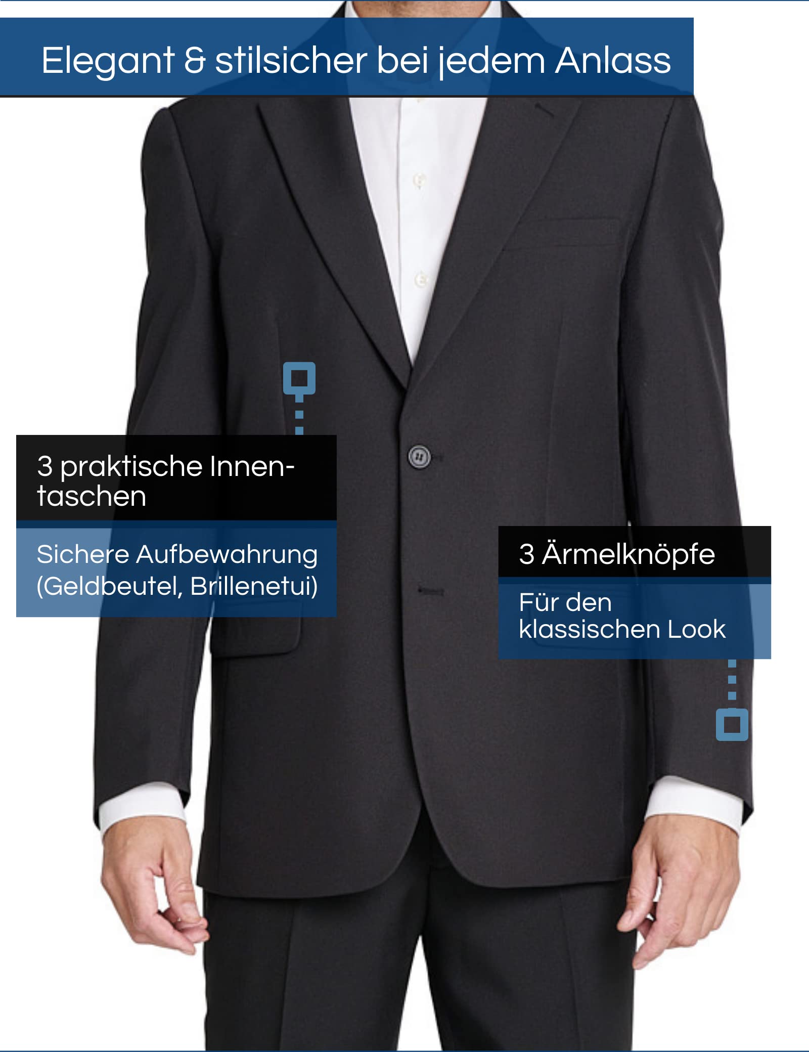 Mill&Tailor Herren Sakko Schwarz Oskar I Schickes Sakko für Männer I Baukasten System I Modern & Sportlich I Jackett für Hochzeit & Business I Herrensakko für kräftige Männer