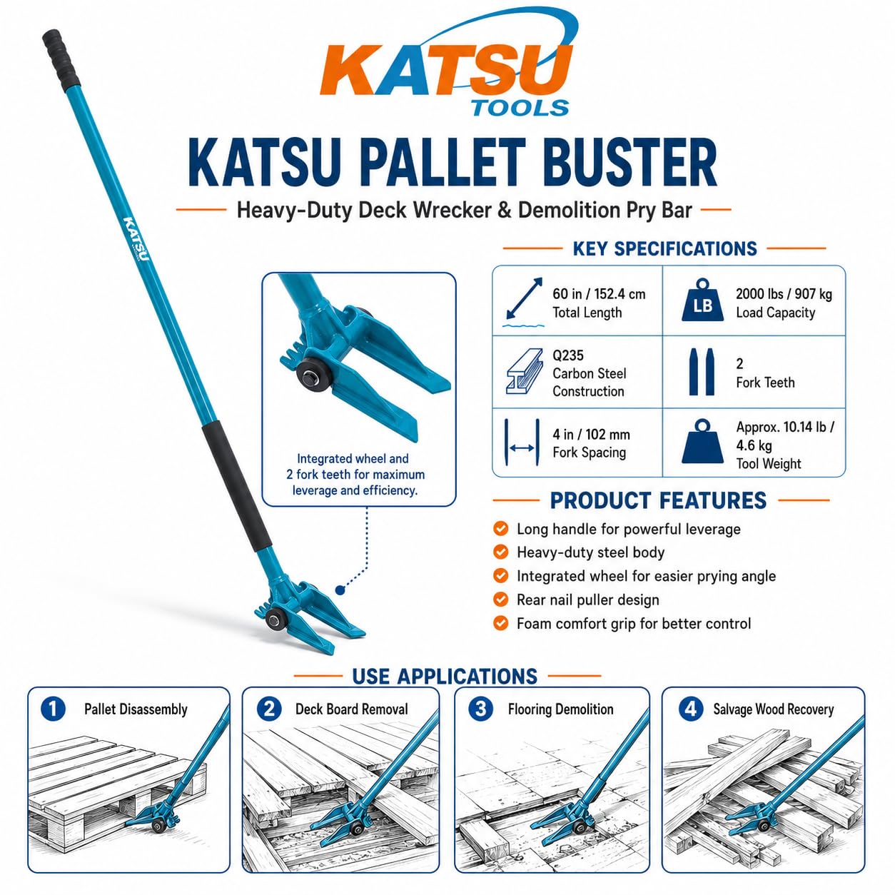 KATSU Tools Herramienta para romper palés de alta resistencia de 60 pulgadas: herramienta de demolición versátil, palanca para derribo, extractor de clavos, mango desmontable de 2 secciones