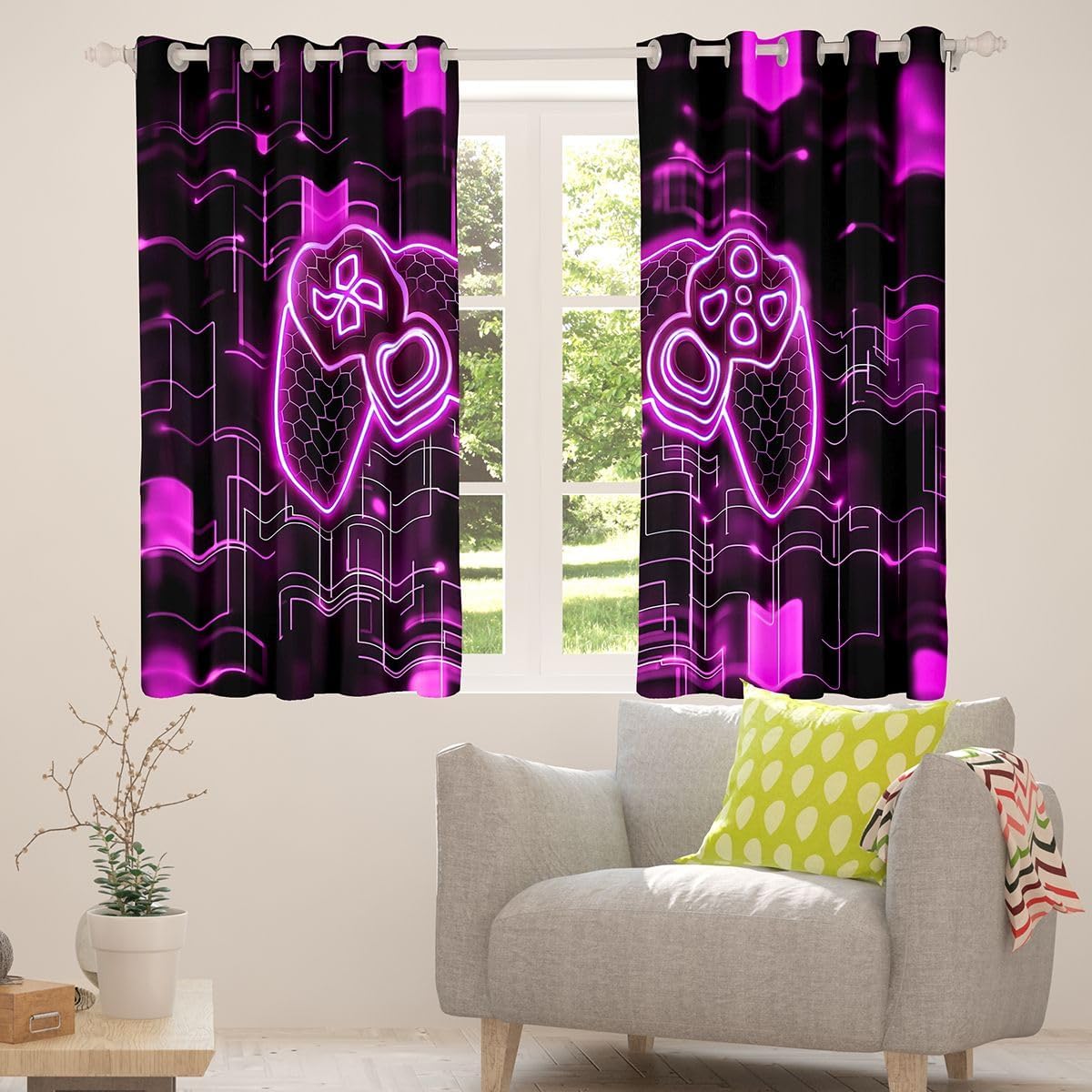Manfei Purple Gamepad Blackout Curtains Honeycomb Games Controller Window Drapes,Modern Geometric Gaming Window Treatments,Kids Boys Girls Room Decor,Grommet Top 2 Panel Set Curtains, 42Wx84L inch image 5