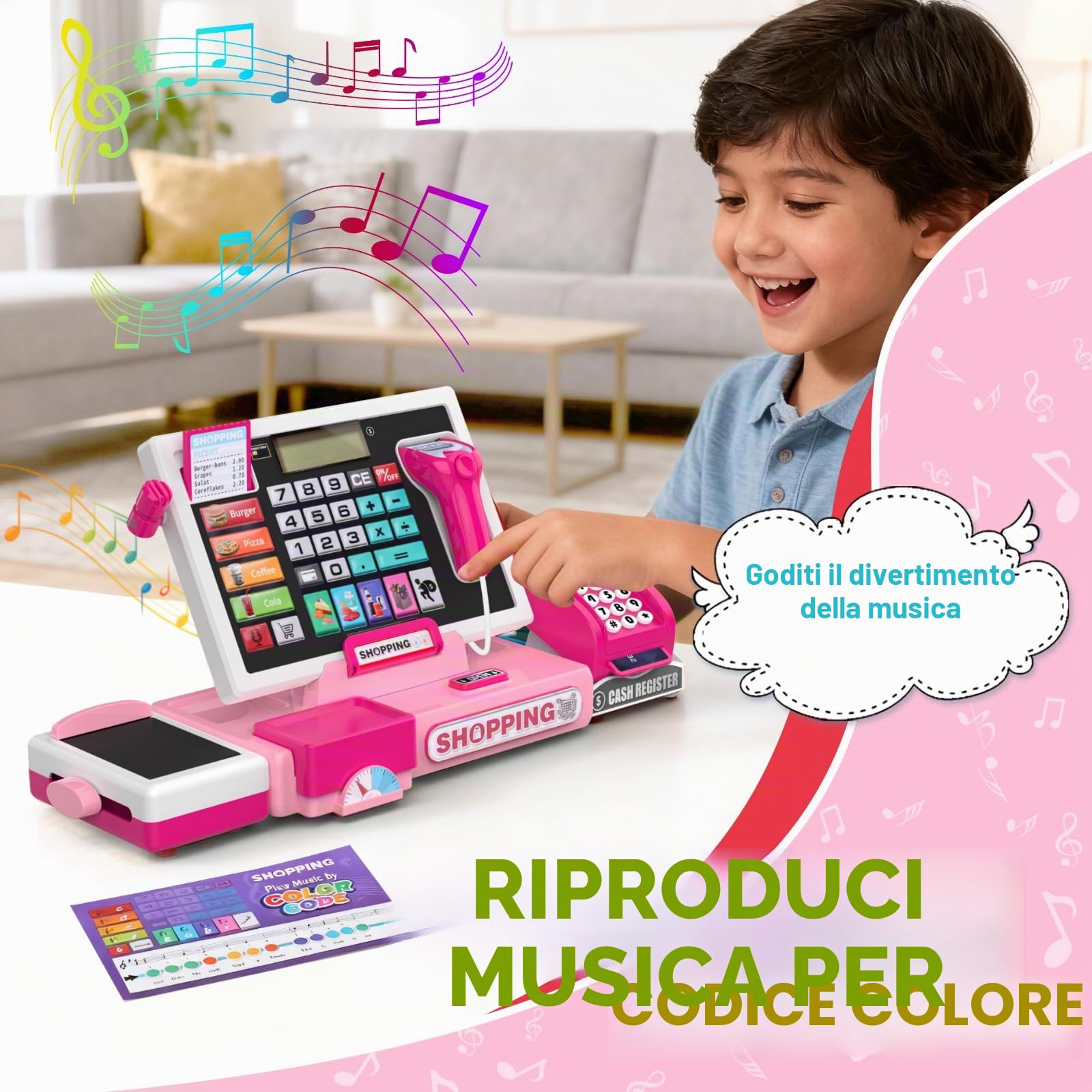 Registratore di cassa per bambini elettronica, cassa del supermercato con scanner e suono, giocattolo moneta per bambini con accessori, gioco educativo per bambini dai 3 anni (Rosso)