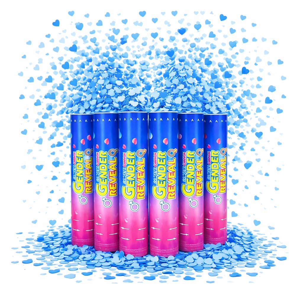 Gender Reveal Konfetti Kanonen - 6 Pack Blau Party Poppers - Baby Boy Gender Reveal Cannon Kit mit herzförmigem Konfetti - Easy Twist Shooters für Baby Reveal Party Dekorationen