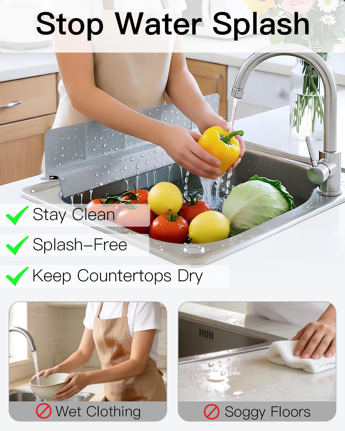 23 Inch Silicone Sink Splash Guard - Kitchen Sink Water Splash Guard with Strong Suction Cups, Removable Splash Guard for Sink, Washbasin & Bathtub - Gray