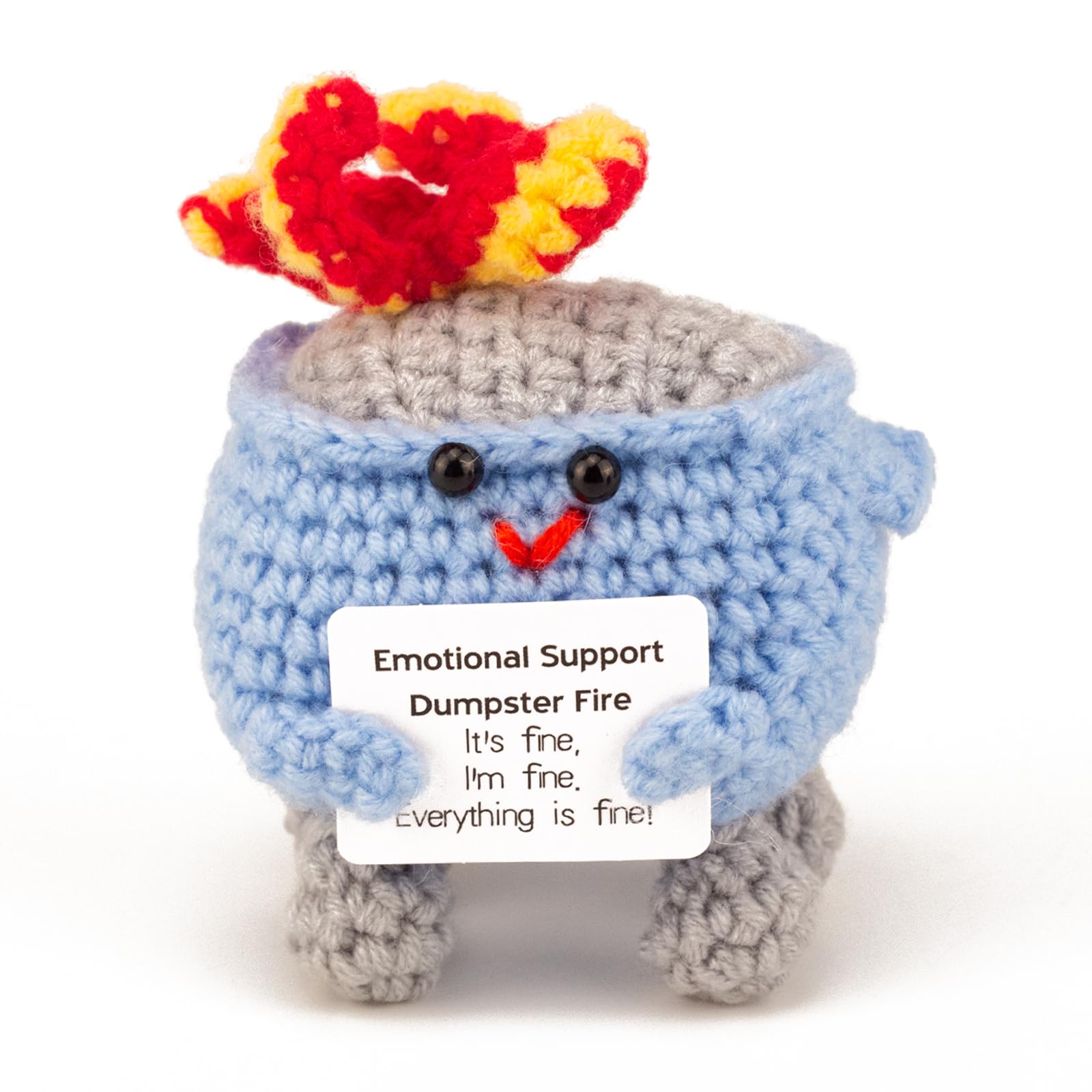 Emotional Support Dumpster Fire Crochet Doll – Handmade Funny Desk Accessories & Cute Room Decor – Stress Relief Gift for Friends, Coworkers, and Office Decor for Women (Blue)