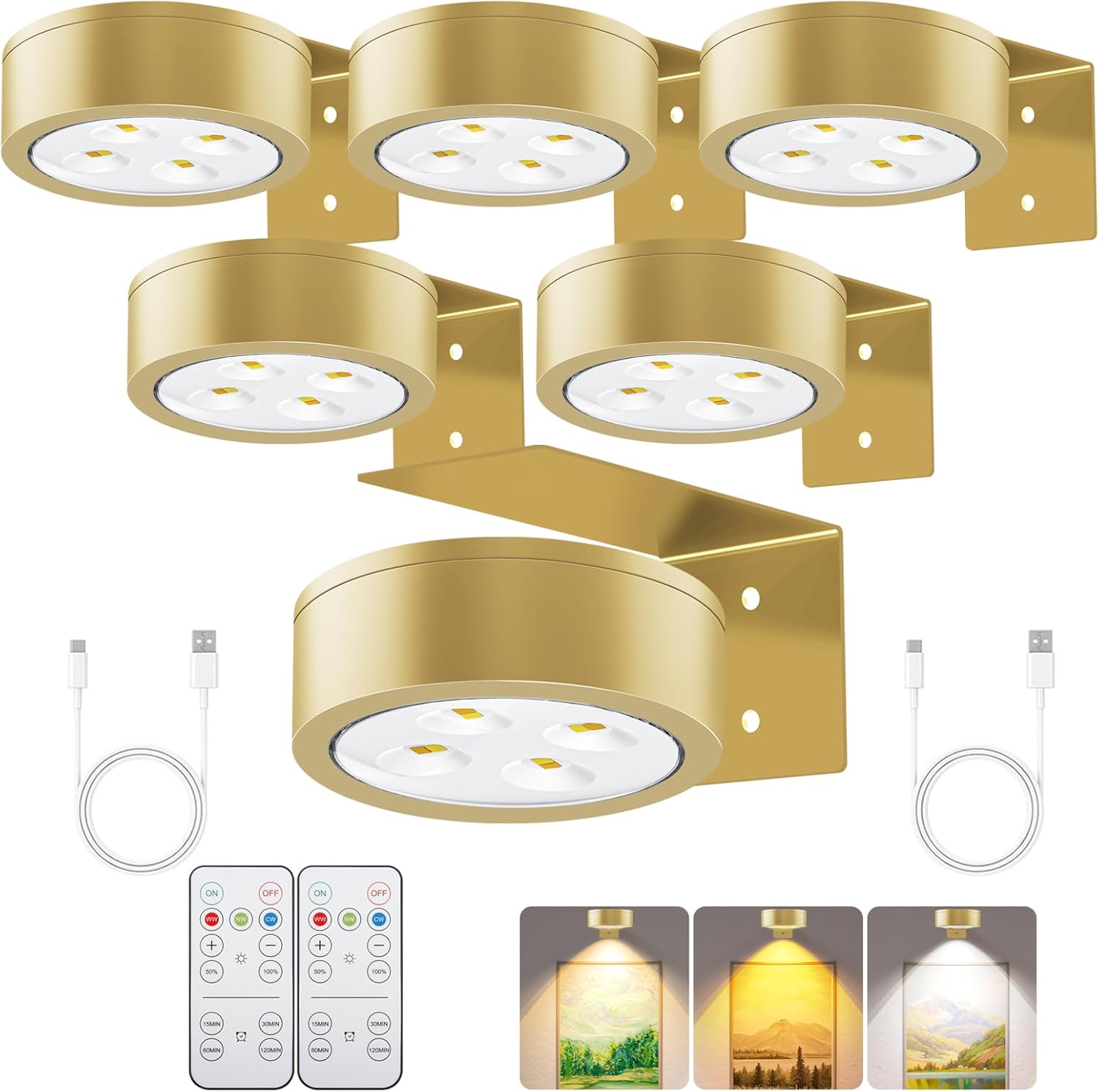 Rechargeable Battery Painting Light Picture Lights with Remote Control, Magnetic LED Art Lights for Framing, Dimmable and Timer-Equipped, 3 Lighting Modes,6Pack Gold