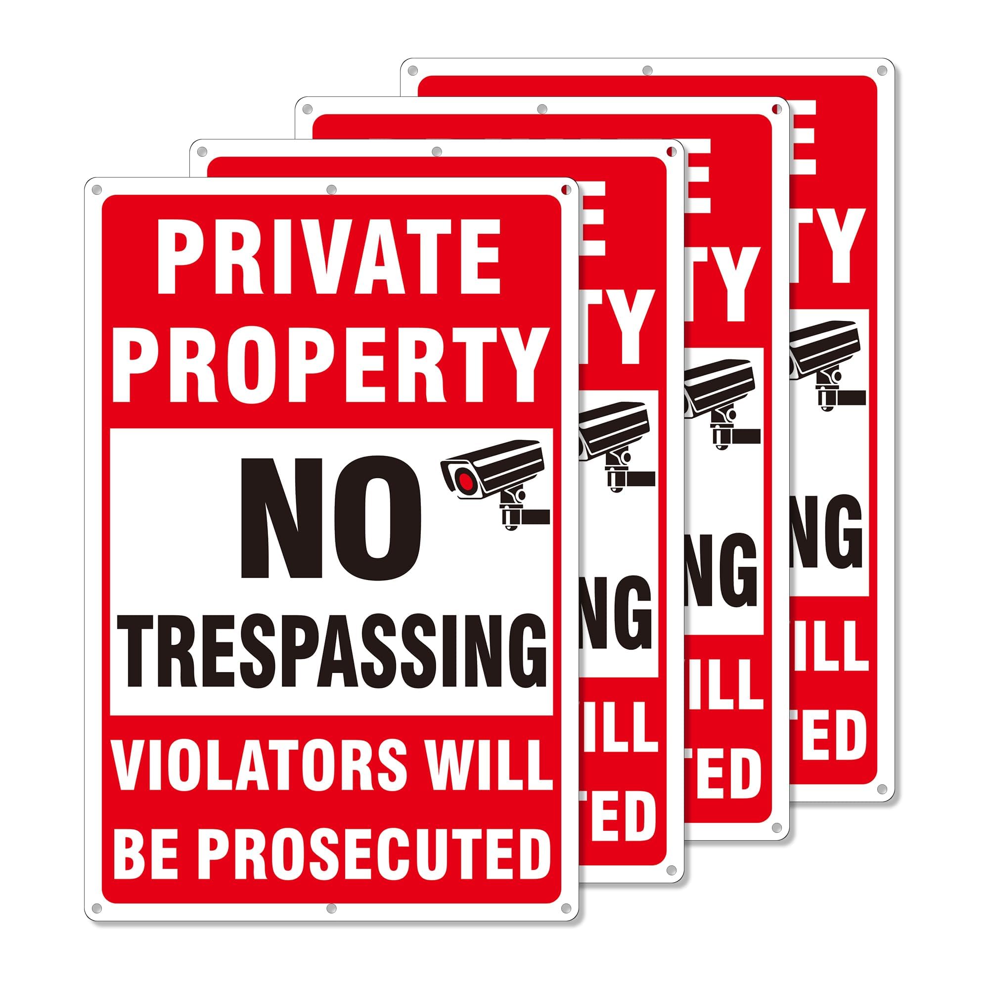4 Pack Large Private Property No Trespassing Signs, Aluminum No Trespassing Video Surveillance Sign, No Trespassing Signs–Weatherproof and Highly Visible for Property Protection