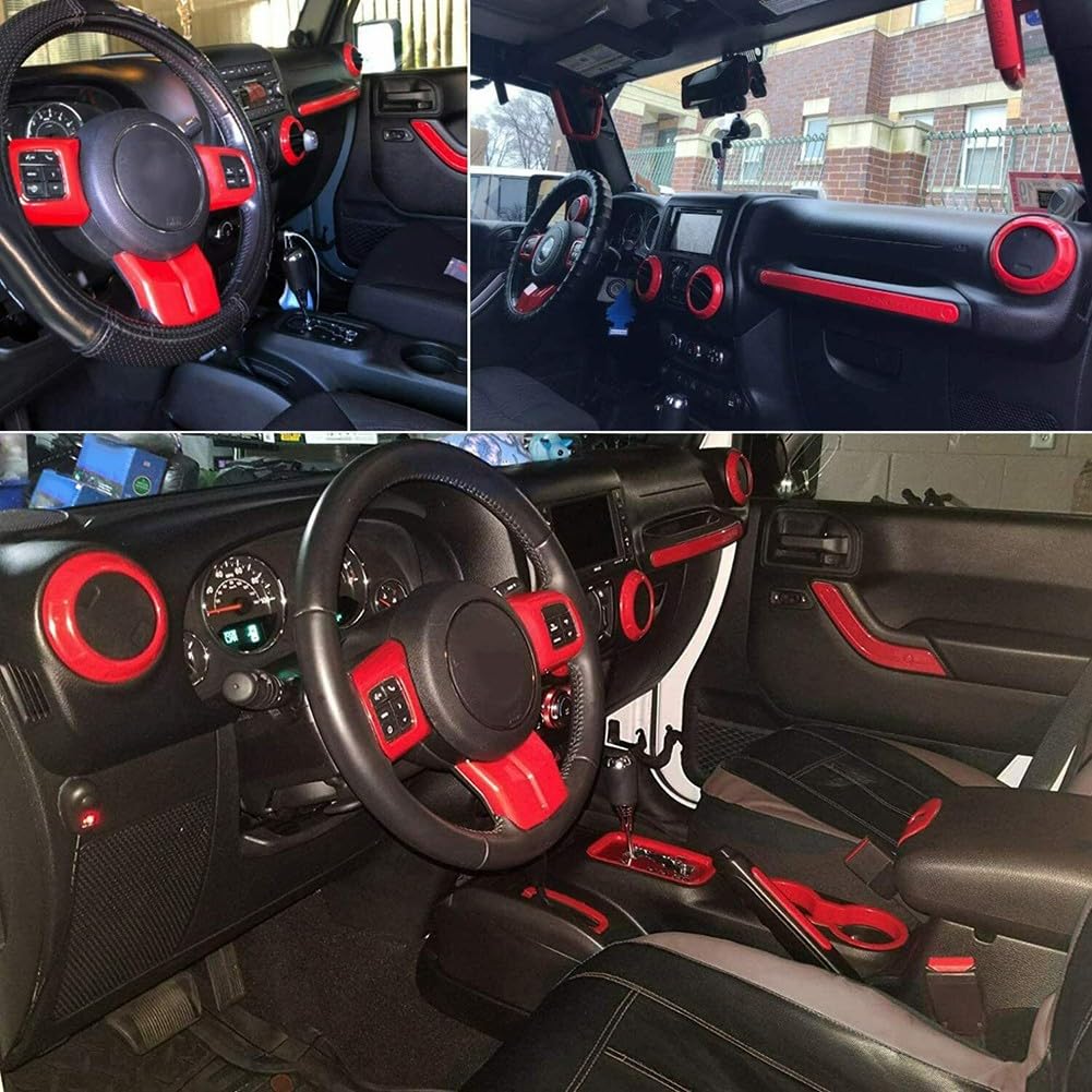 Kit de garniture de décoration intérieure de voiture rouge, 18 pièces en ABS pour tableau de bord pour Jeep pour Wrangler JK JKU 4 portes 2011-2017, accessoires de style de véhicule faciles
