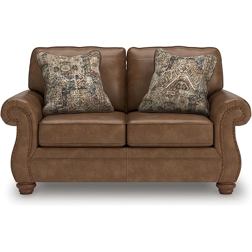 Signature Design by Ashley Shadsburne Rustic Faux Leather Loveseat with Nailhead Trim and 2 Throw Pillows, Brown