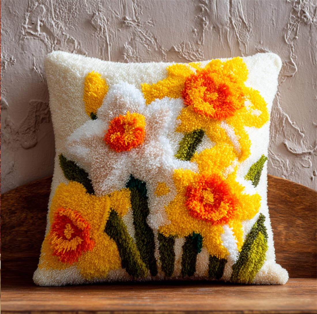 Kitquiver Latch Hook Pillow Kit Cartoon Flowers DIY Latch Hook Kits Pillow Printed Cushion Crochet Yarn 3D Embroidery Set Pillowcase Rug Home Decor 17x17In