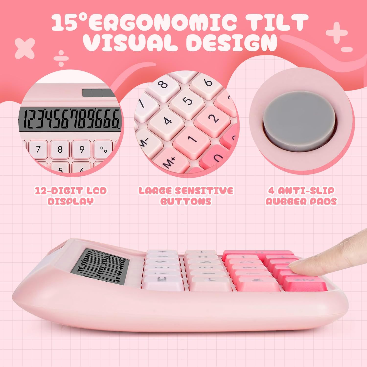 Mechanical Switch Basic Calculator 12 Digits, Solar/Battery Dual Power, Tactile Keys & Large LCD Display, Cute Aesthetic Desktop Calculators for Office School Business Home (Pink)