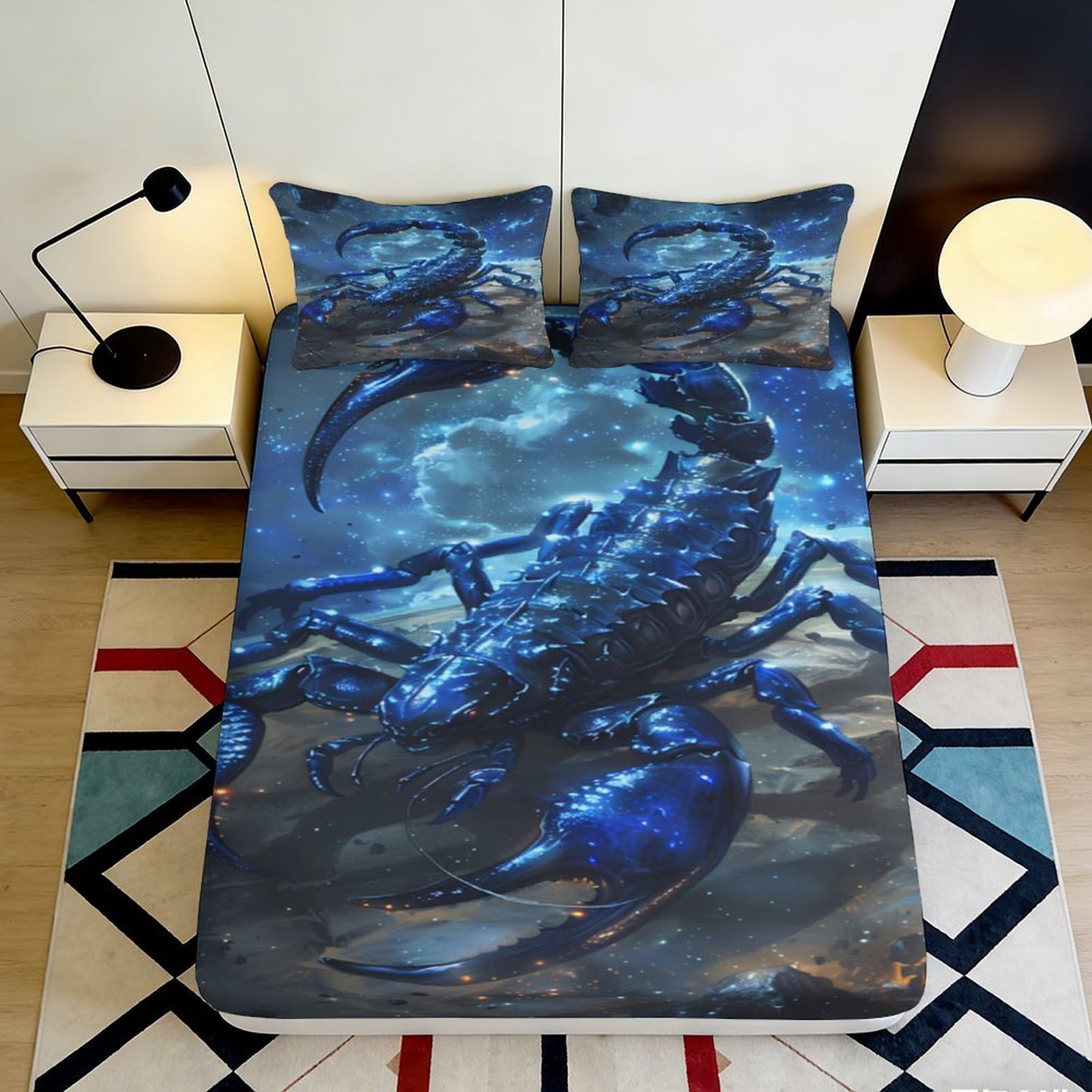 3D Printed Galaxy Starry Sky Fitted Sheet Microfiber Soft Blue Scorpion Cosmic Nebula Mattress Cover for Bedroom Dorm Decor 90x200x25cm