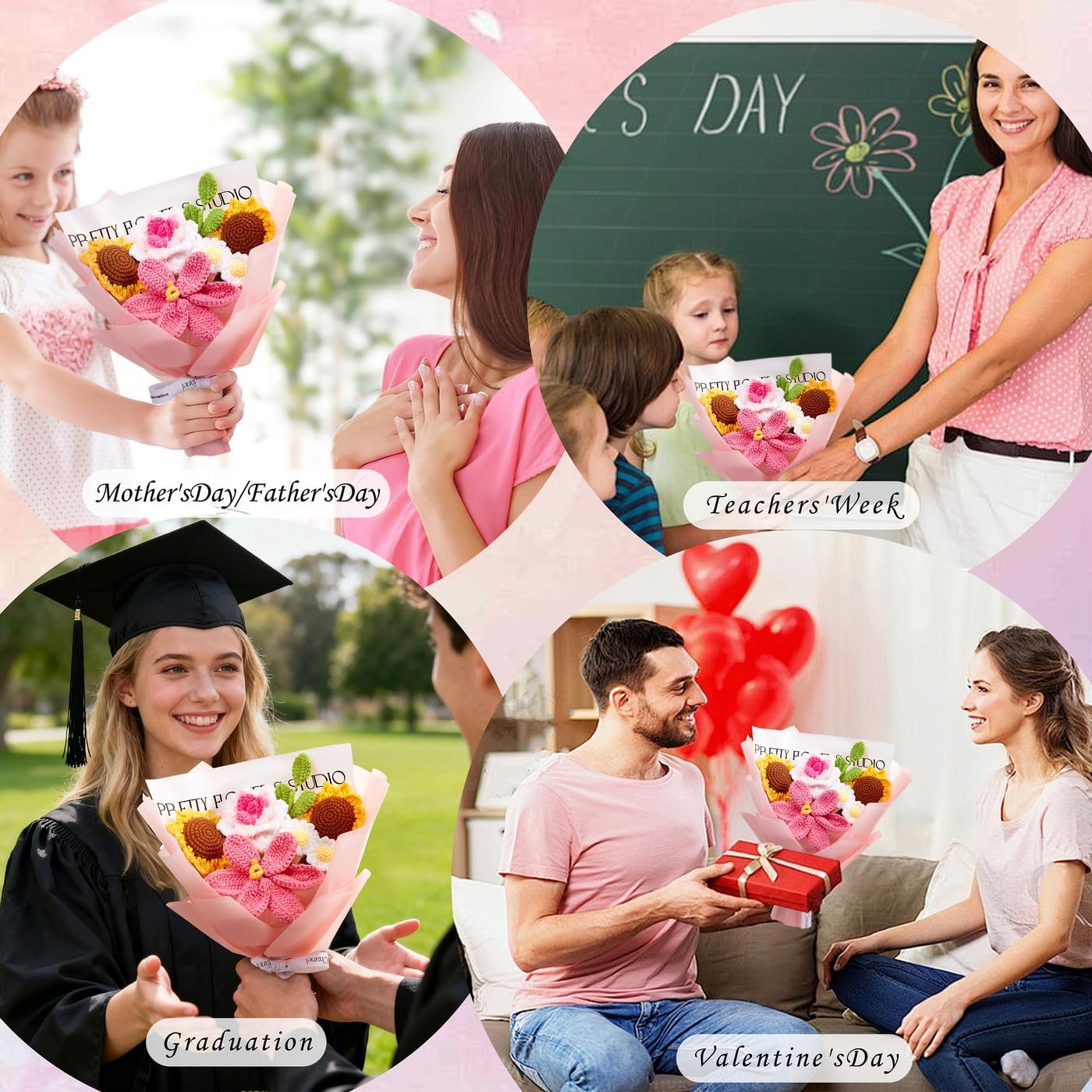 ZHIYUXI Pink Crochet Flower Bouquet Crochet Sunflowers Handmade Knitted Flower Bouquet for Wedding Anniversary Birthday Valentines Day Pink Gifts for Women