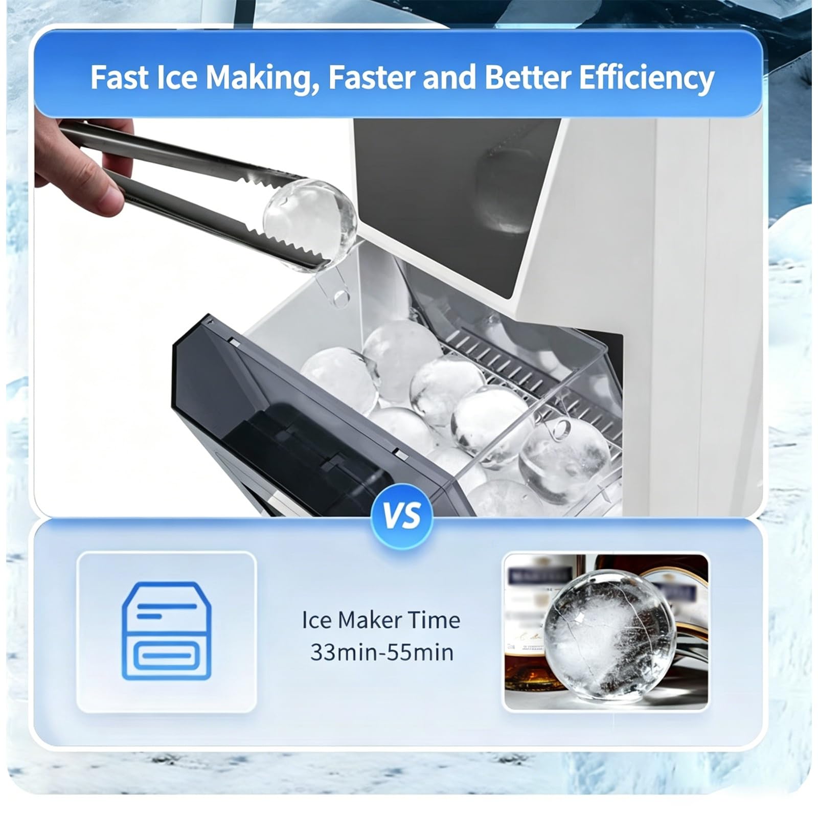 Macchina per il ghiaccio automatica, per sfere di ghiaccio trasparenti da 5 cm con finestra trasparente, serbatoio dell'acqua da 1,2 litri, autopulente, produce 42 sfere di ghiaccio al giorno per