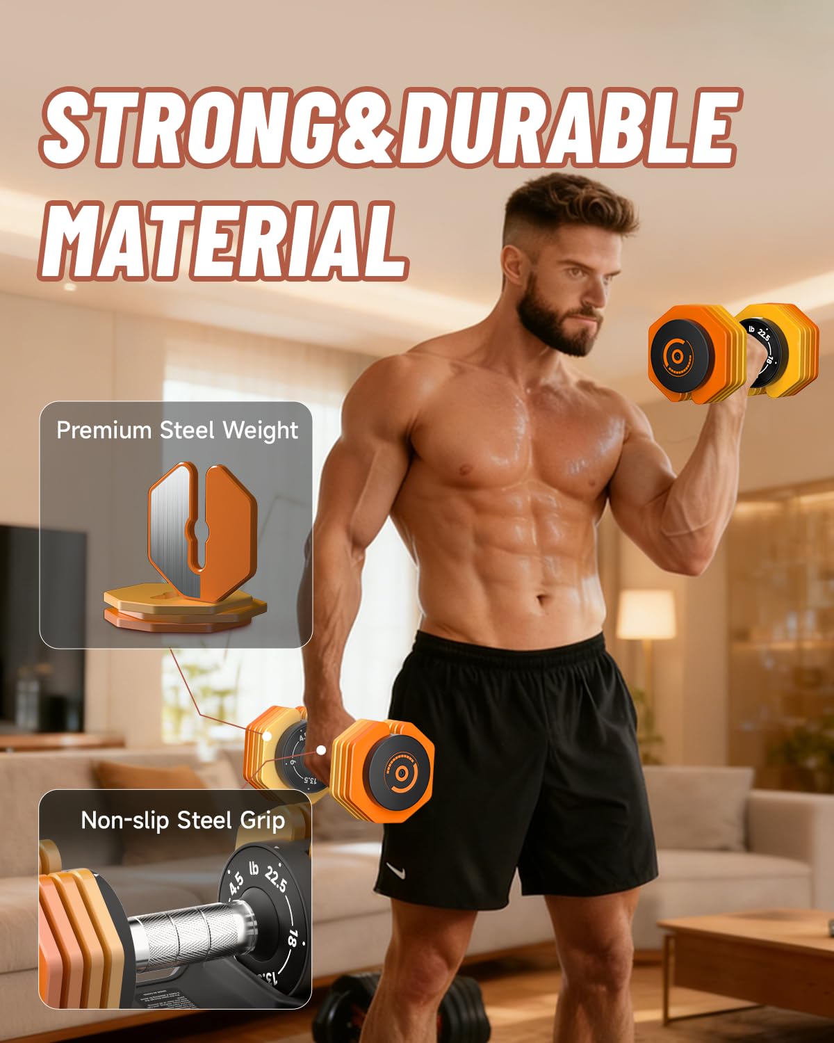 Adjustable Dumbbells Set 22.5LB Pair, 1-Sec Fast Adjustable 5 Free Weights, Premium Comfort Non-slip Metal Handle, Compact Size for Full Body Home Workout