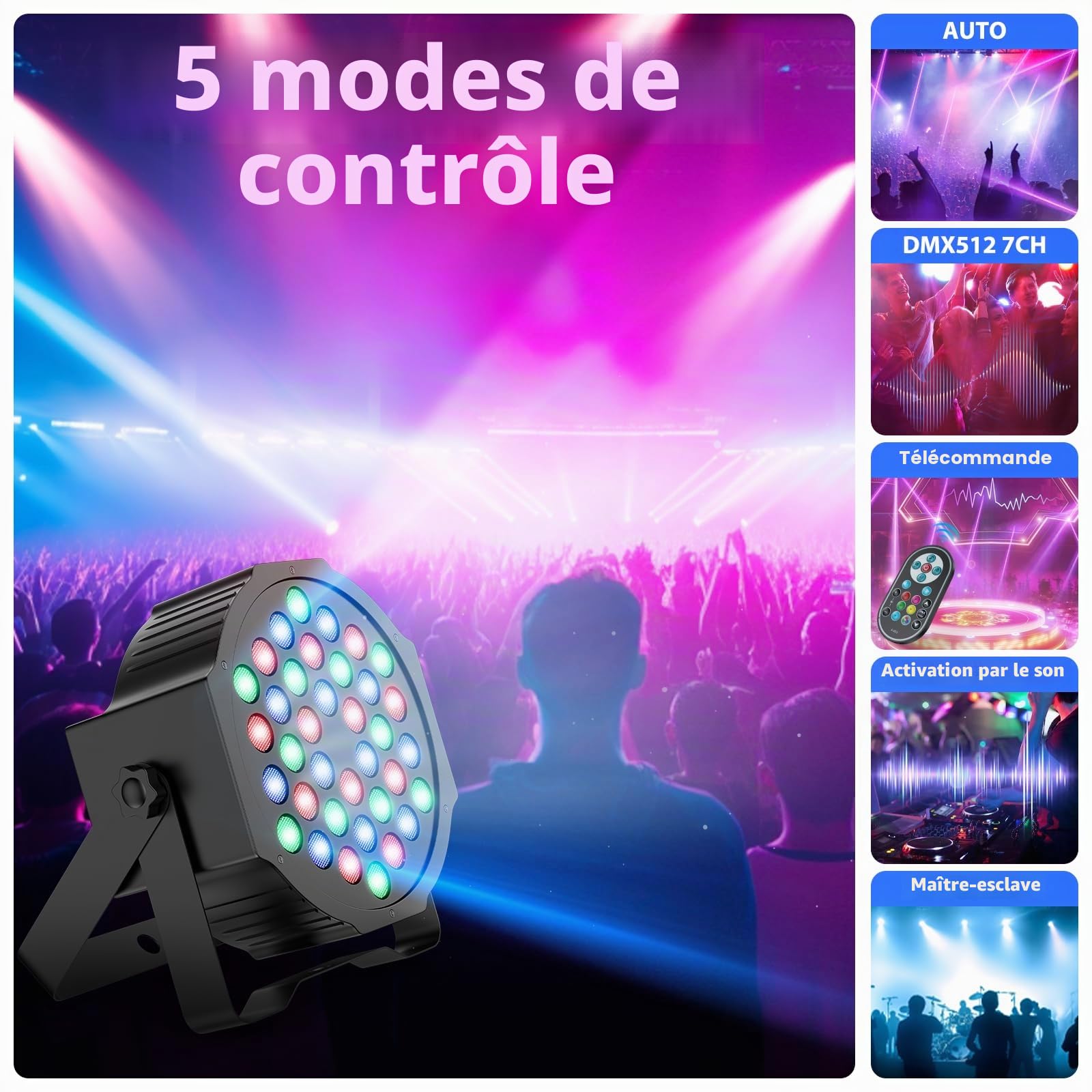 4PCS Par LED Lampe de Scène, 36 LED RGB Lumière Fête Eclairage de Scène Effet DMX512 avec Télécommande et Son Activé, Lumiere DJ pour Disco Party Mariage Halloween Noël