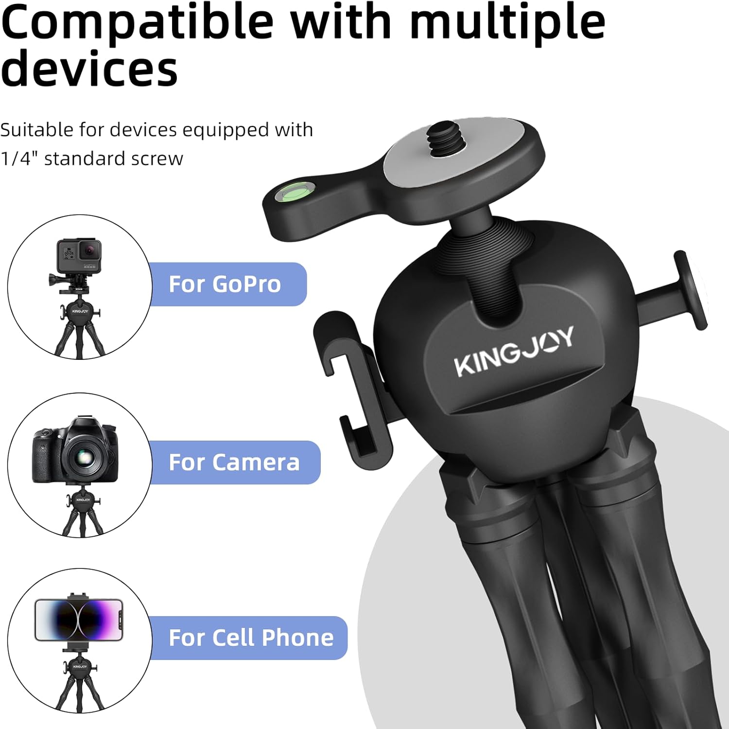 KINGJOY Flexible Action Camera Tripod for Gopro, Octopus Vlogging Tripod with Detachable Legs, 360° Ball Head, Cold Shoe & Remote, Portable Camera Stand Mount for GoPro, DJI, Compact Camera - Black