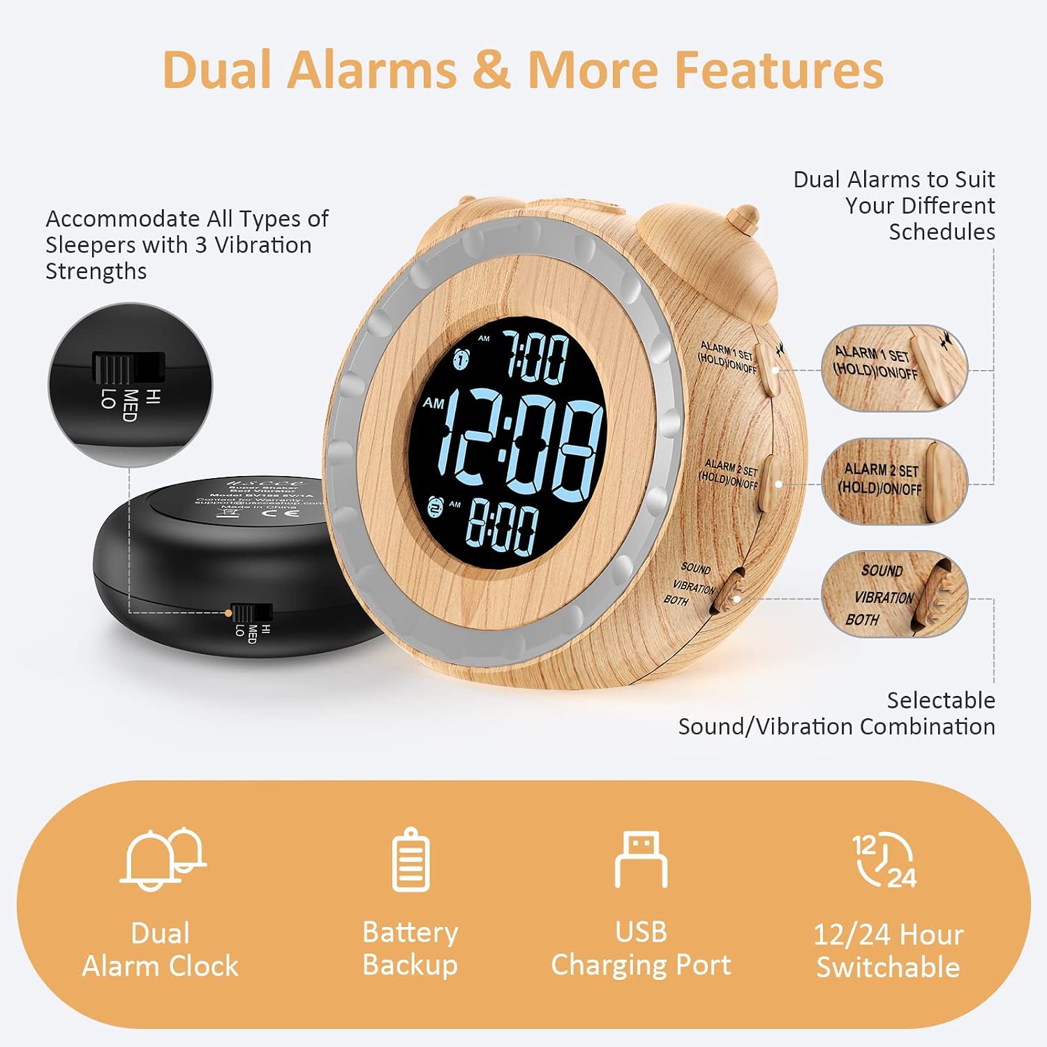 USCE Dual Extra​ Loud‍ Alarm Clock vs Standard: Wake with a Shake, 0-100% Dimmer