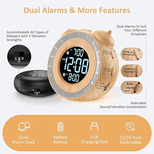 Miniatura 6 de uscce Reloj despertador doble extra fuerte con agitador de cama, 0-100% más atenuador, reloj despertador vibratorio para personas que duermen mucho