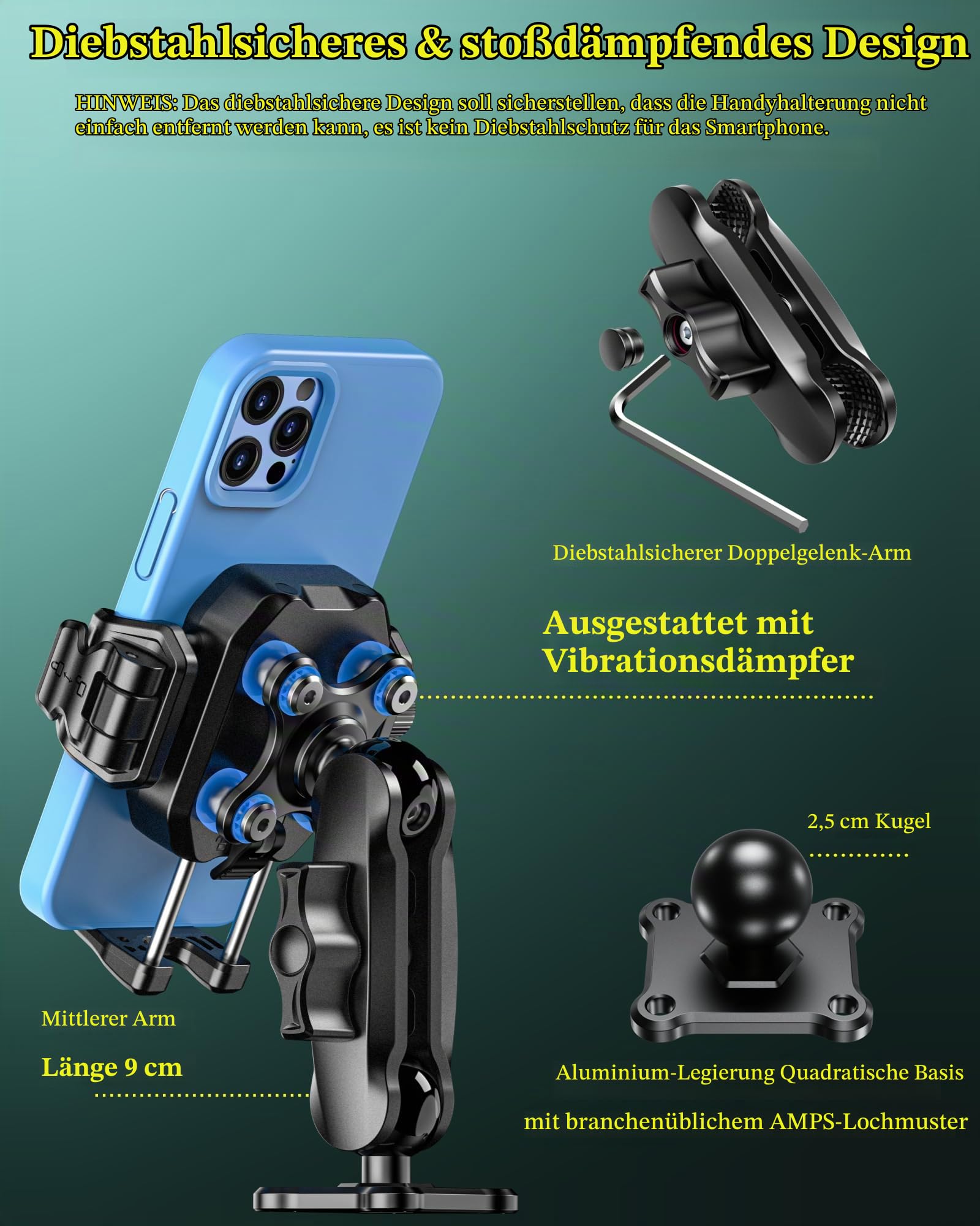BRCOVAN Handyhalterung mit Vibrationsdämpfer [1s Lock] | mit Quadratischer Aluminiumbasis und Arm, für Auto, Boot, Lkw, Motorrad und UTV, für Smartphones von 5,4 bis 7,2 Zoll