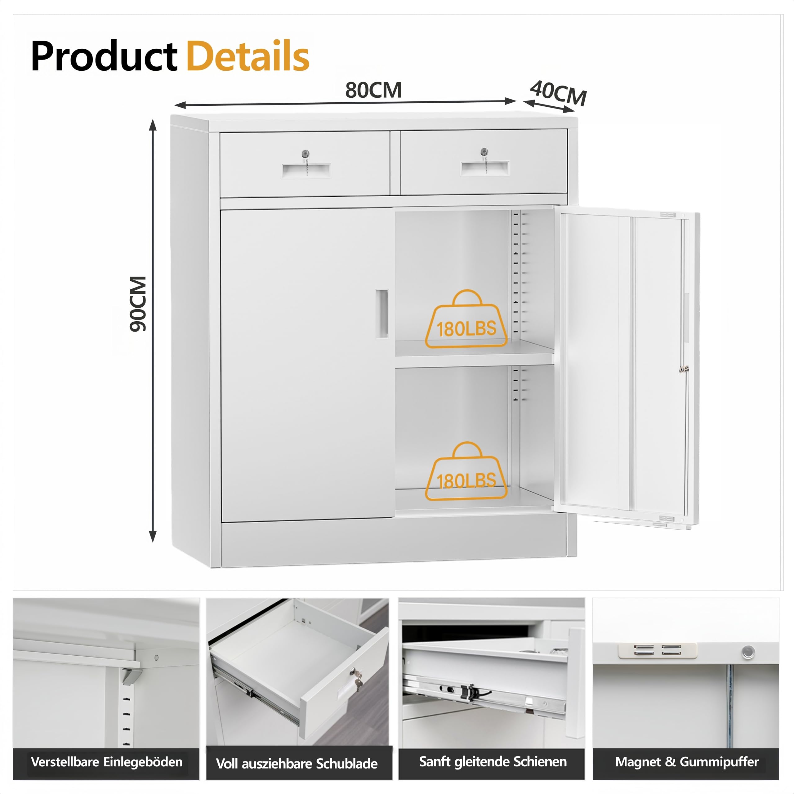 Armadietto multiuso, armadio da ufficio con 2 ante con serratura, armadietto in acciaio, 2 cassetti e 1 ripiano regolabile per ufficio, garage (bianco, 90 x 80 x 40)