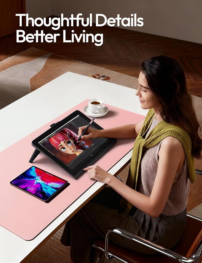 YSAGi Protector de Escritorio de Cuero, Tapete Grande para Mouse, Antideslizante, Impermeable, Color Rosa Claro miniatura 4