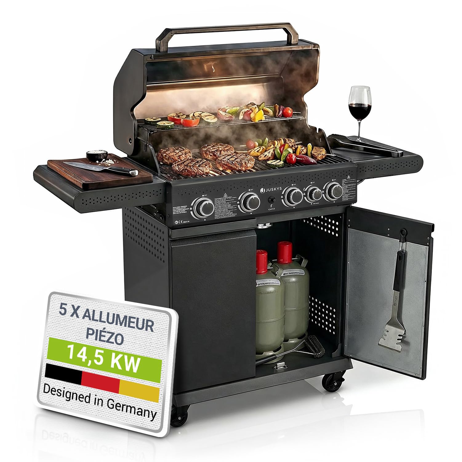 Juskys Barbecue à gaz Savannah - 4 brûleurs et 1 brûleur latéral - XXL en acier avec grille de cuisson en fonte, plaque de cuisson, meuble bas pour bouteille de gaz