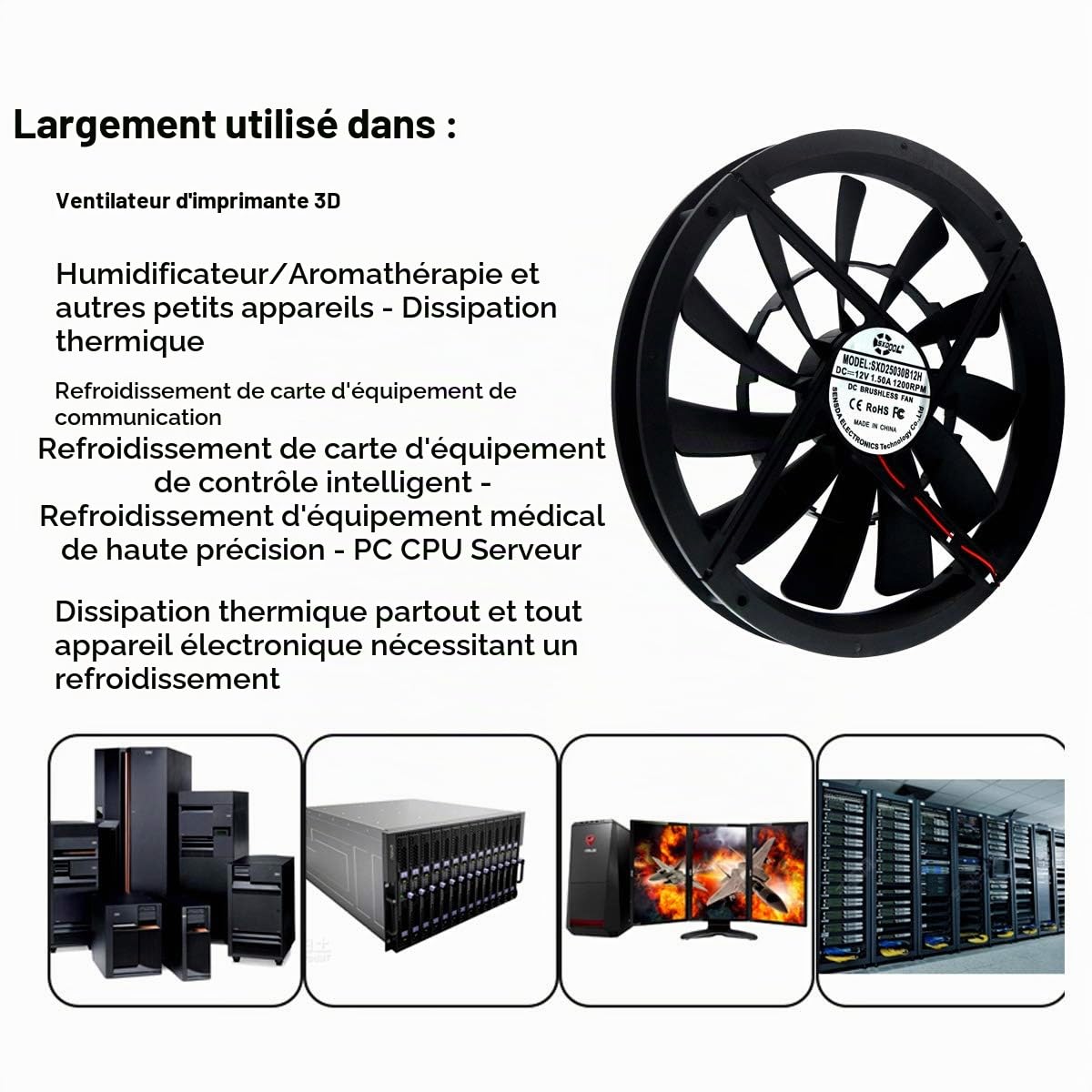 Ventilateur de refroidissement 250 mm DC 12 V, 1200 tr/min 40 dBA Molex 4D 25 x 3 cm, pour boîtier d'ordinateur, serveur, refroidisseur silencieux