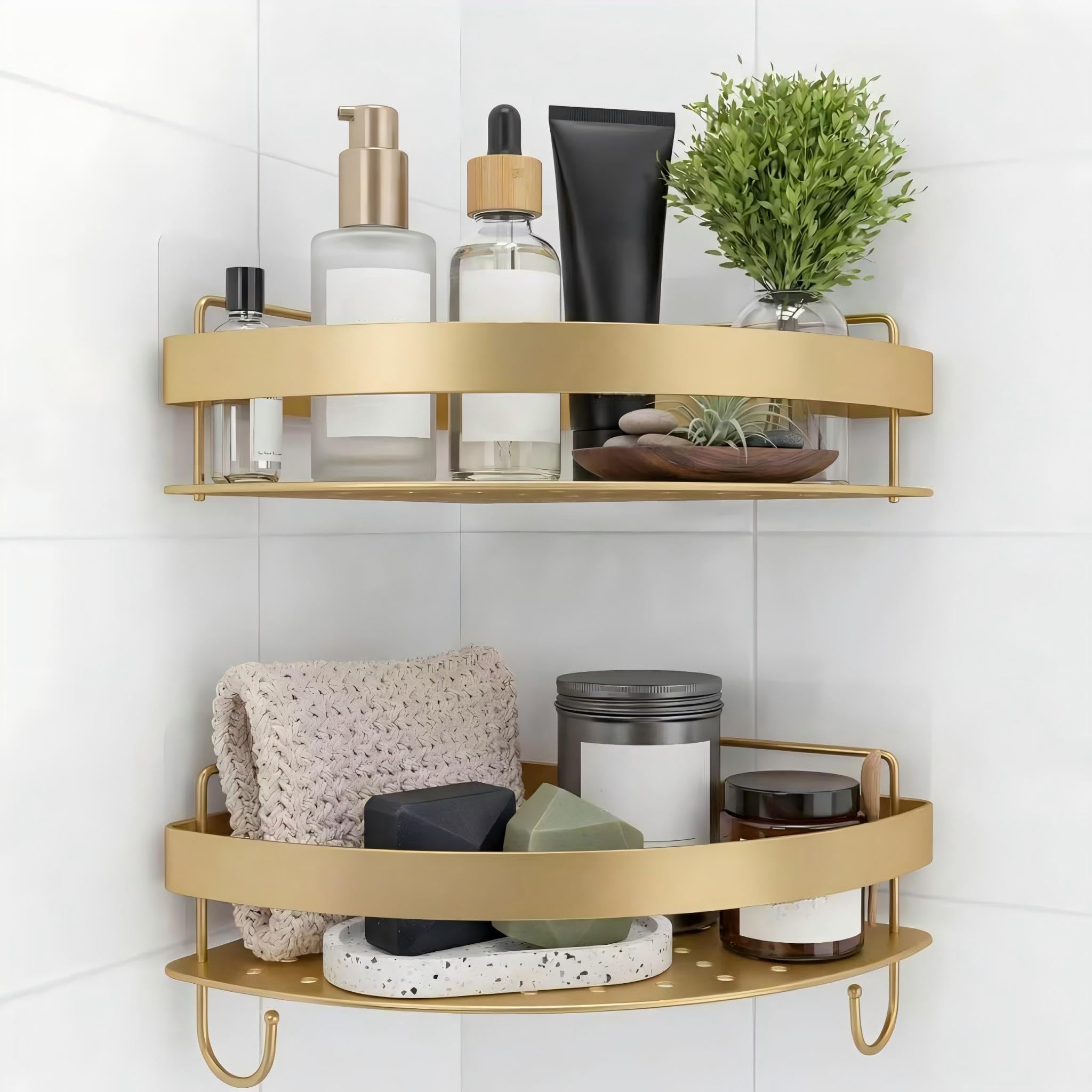 Étagère d'angle dorée à 2 niveaux avec 4 crochets, organiseurs de douche en acier inoxydable, étagères murales sans perçage avec adhésif, étagère de rangement triangulaire pour toilettes