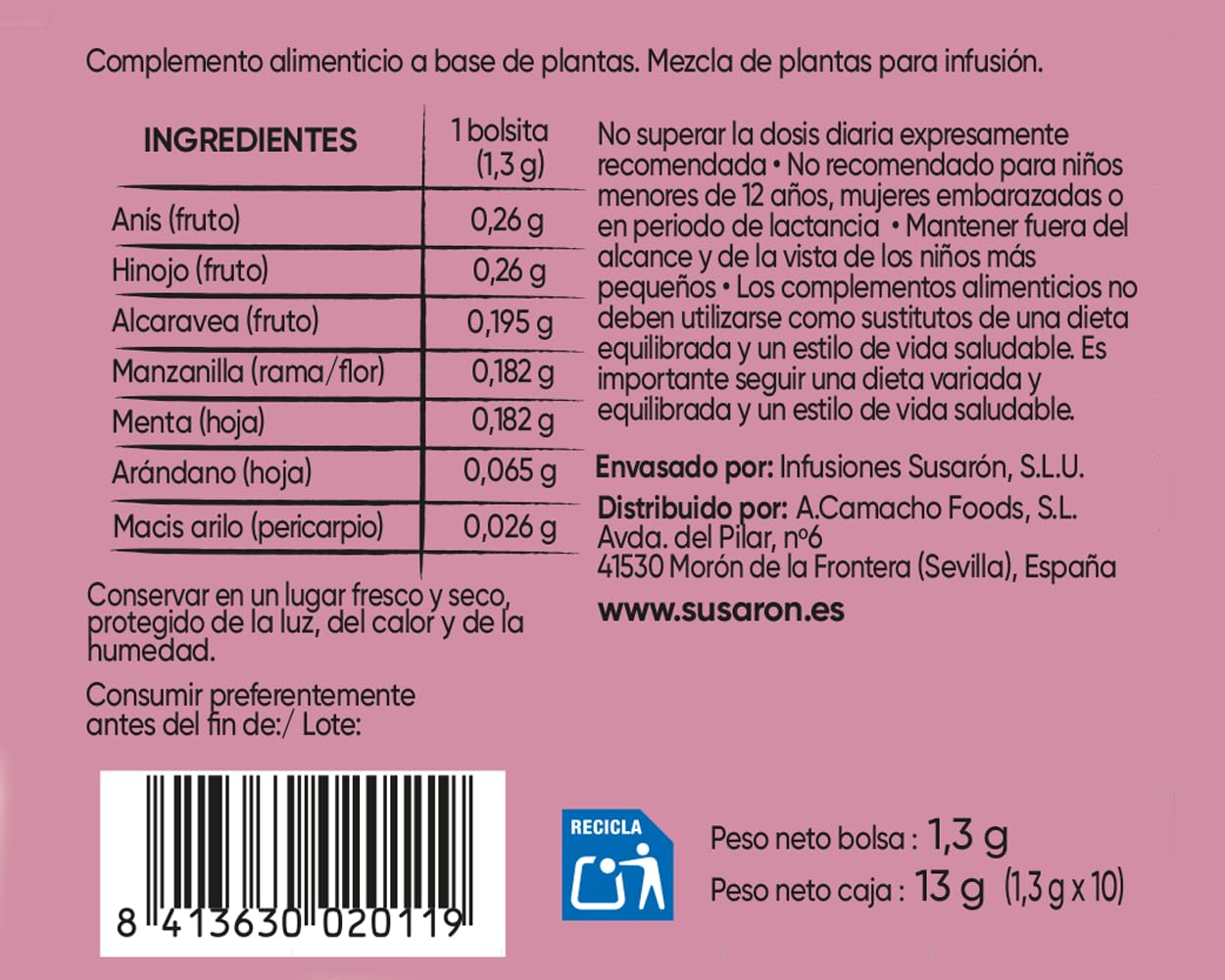 Susarón | Infusión Elimina Gases | Alcaravea e Hinojo | Sabor Anís | 20 bolsitas