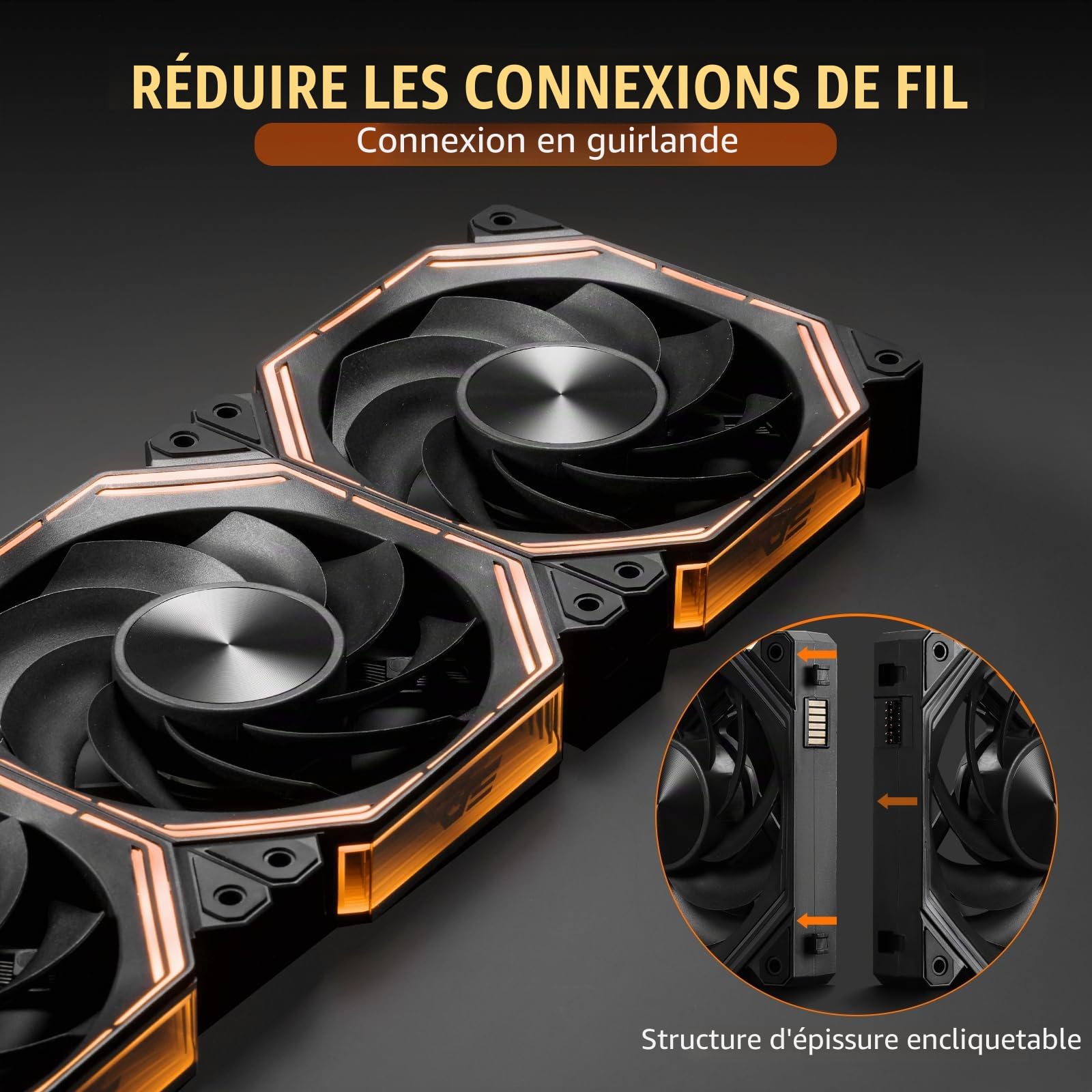 darkFlash INF34 Lot de 3 ventilateurs de boîtier PC 120 mm, chaîne en marguerite, refroidissement jusqu'à 2000 tr/min, PWM à 4 broches, ventilateur d'ordinateur ARGB (inversé, noir)