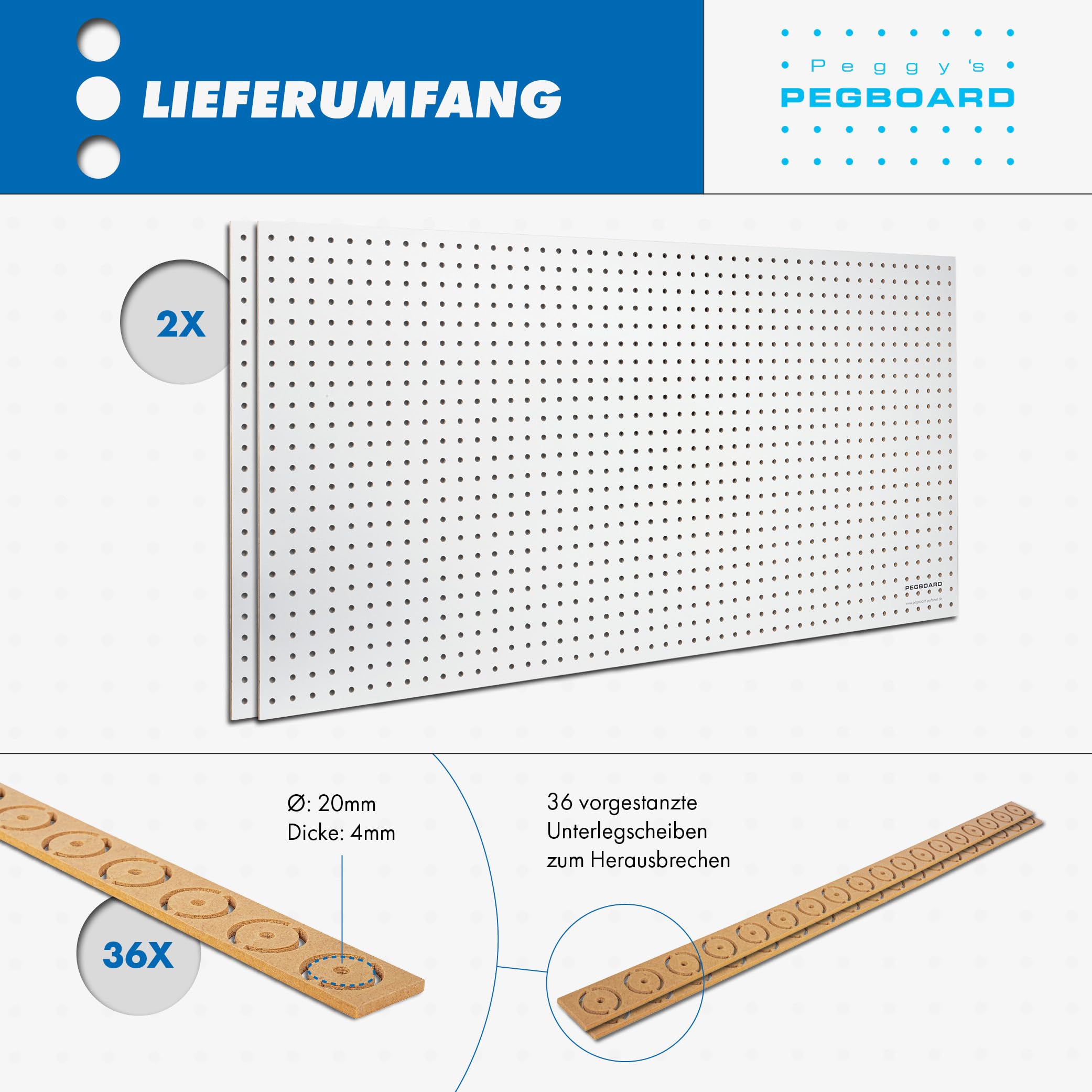 Pegboard 2 St. Werkzeugwand aus Holz (MDF) 120 x 60 x 0,5 cm - Lochung Ø7 mm Lochabstand 25,4 mm - weiß lackiert - Made in Germany