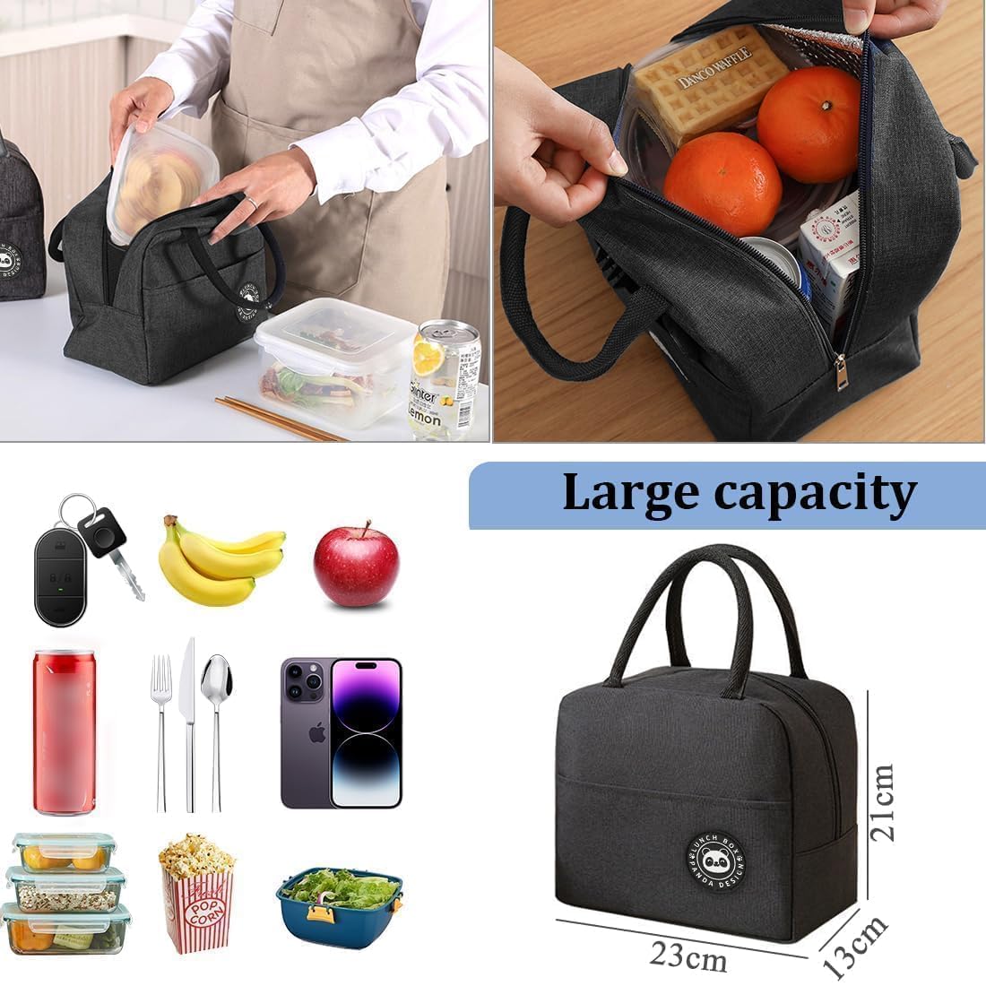 Borsa Termica Porta Pranzo Piccola, 5L Borsa Frigo Pranzo Ufficio, Borsetta Termica Piccola Lunch Bag per Lavoro, Scuola,Viaggi, Campeggio, Picni (Nero)
