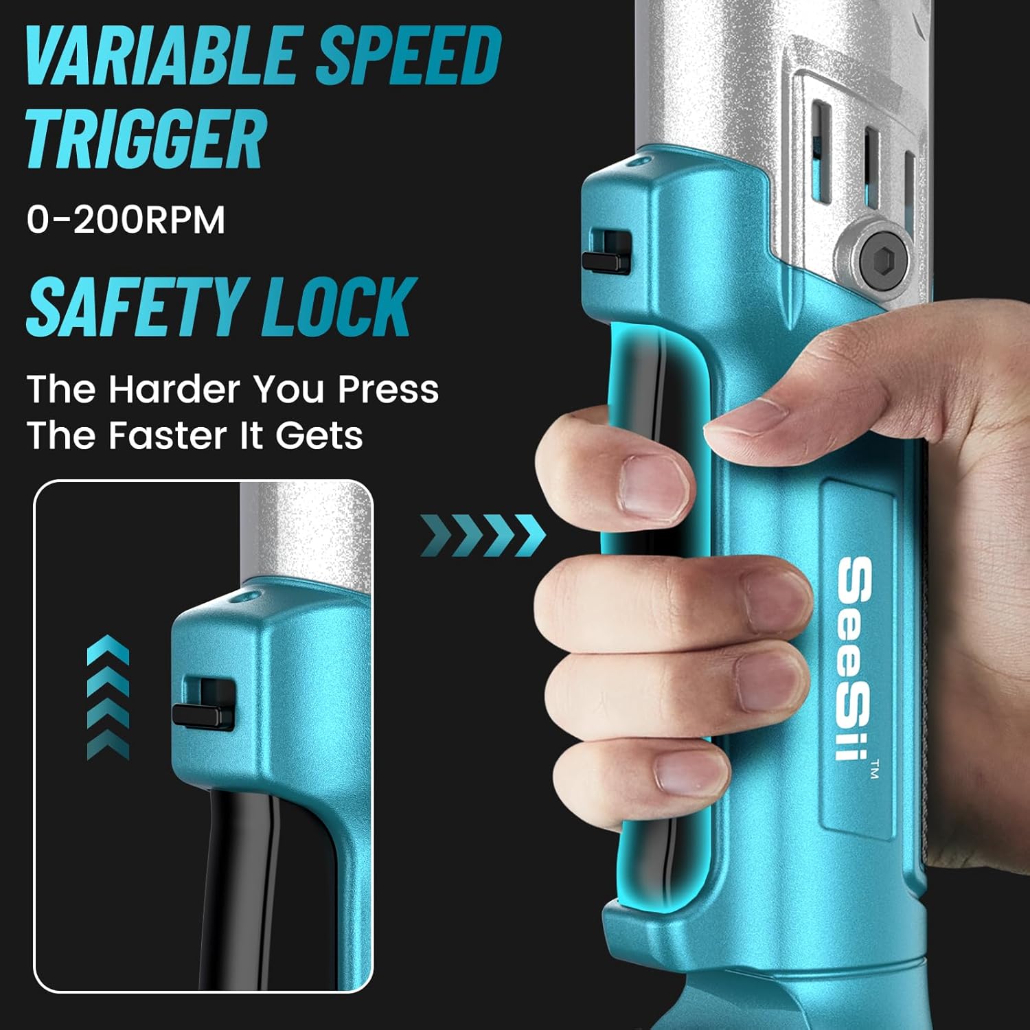 Close-up of the variable speed trigger and safety lock