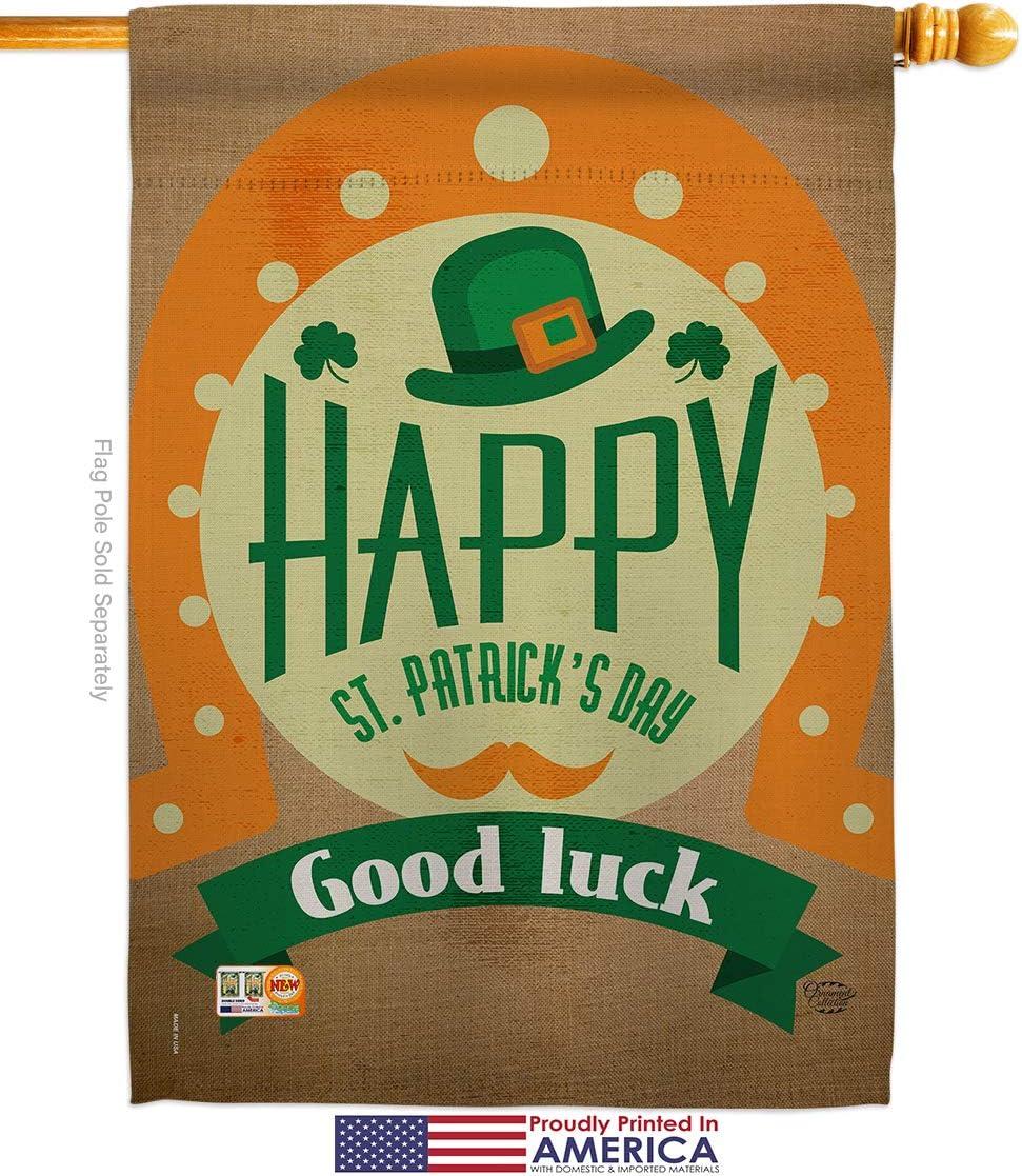Good Luck St Patricks Day House Flag Springtime Patrick Shamrock Leprechaun Lucky Coin Holiday March Irish Clover Small Decorative Gift Yard Banner Made In USA 28 X 40