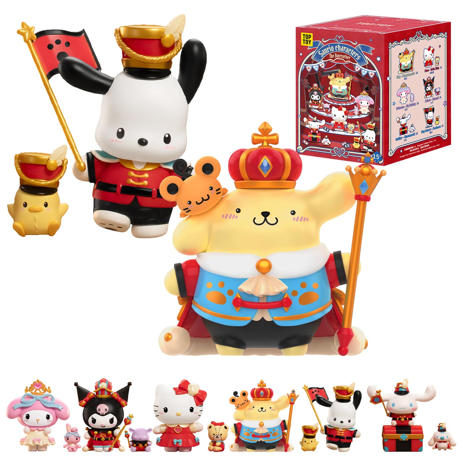 TOP TOY Sanrio Nutcracker Series [1 Piece] Gacha Blind Box Figure Soft Vinyl PVC Premium Toy Birthday Present Kurumi Cinnamore Hello Kitty Pom Pom Plum My Melody Pochacko Character Collector : Toys & 