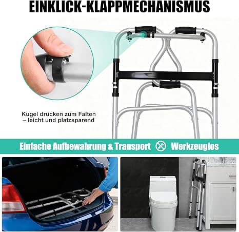 Silver Walking Stand for Seniors with Climbing Aid Foldable Walking Aid with 6 Inch (15 cm) Ball Bearing Wheels 8 Height Adjustable (76-96 cm) Walking Frame with Bag Walking Frame for Adults