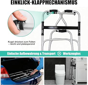 Silver Walking Stand for Seniors with Climbing Aid Foldable Walking Aid with 6 Inch (15 cm) Ball Bearing Wheels 8 Height Adjustable (76-96 cm) Walking Frame with Bag Walking Frame for Adults