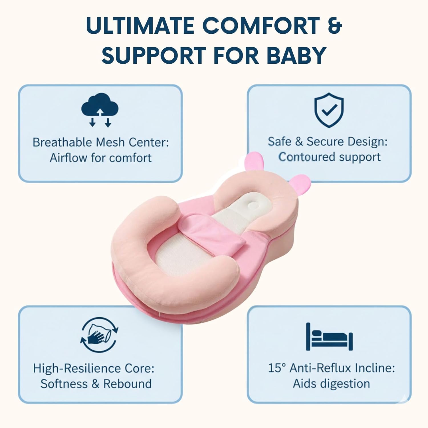 Baby Feeding Pillow - Firm & Secure Adjustable Nursing Pillow with Safety Strap - Baby Body Support Cushion - Pink