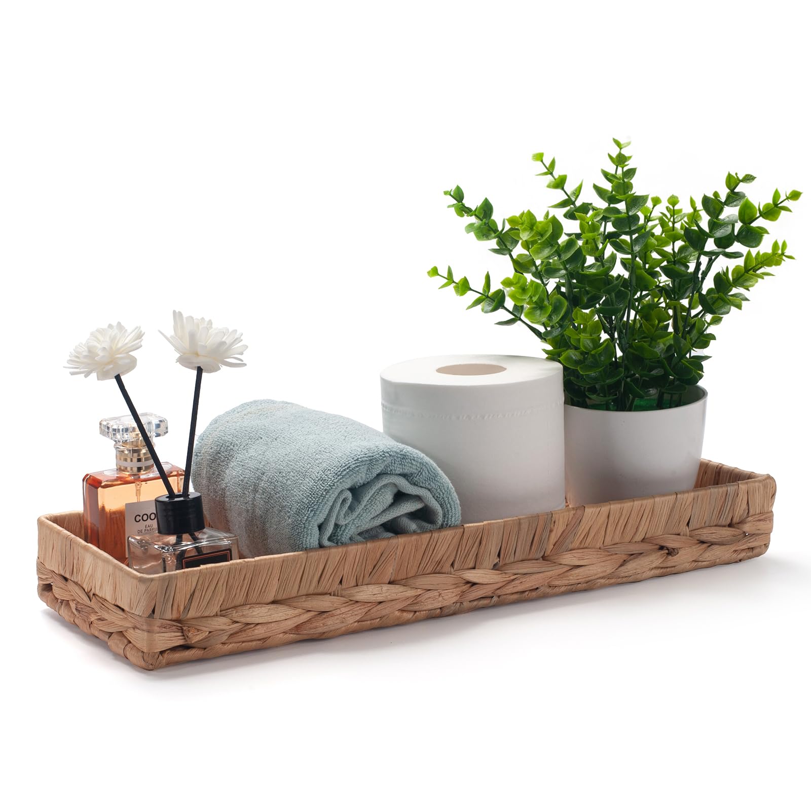 Vassoio Bagno Portaoggetti Rettangolare per Organizzare Giacinto d'acqua Cesto Vimini del Toilette Lungo Stretto Porta Asciugamani Ospiti (Naturale 41,5 x 15,5 x 5cm)