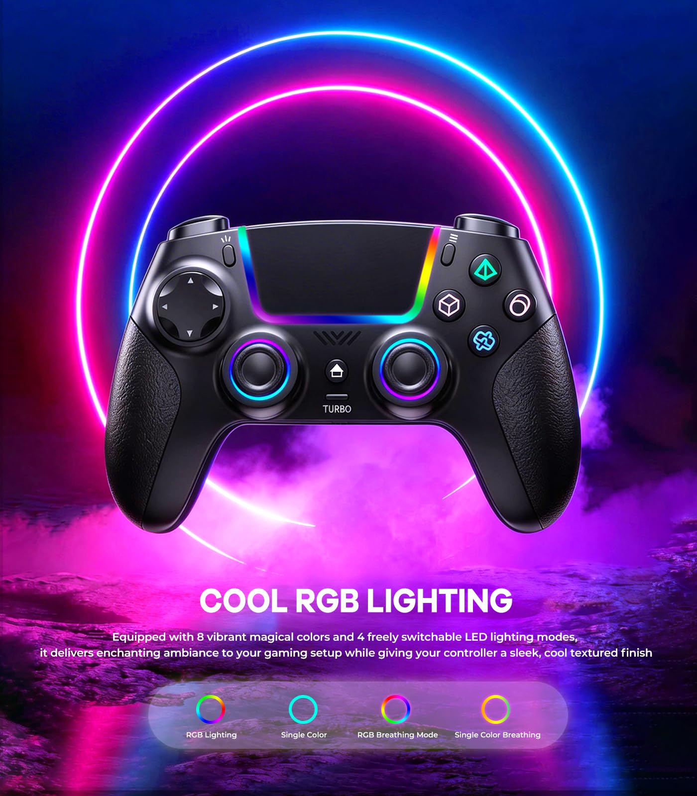 SZPACMATE Manette sans fil pour PS4/PS3/Switch/PC/iOS/Android/Steam Deck, avec 8 éclairage RGB/Joystick Effect Hall/Batterie 1000 mAh/Turbo/Double Vibration/Programmable/Poignées Antidérapantes