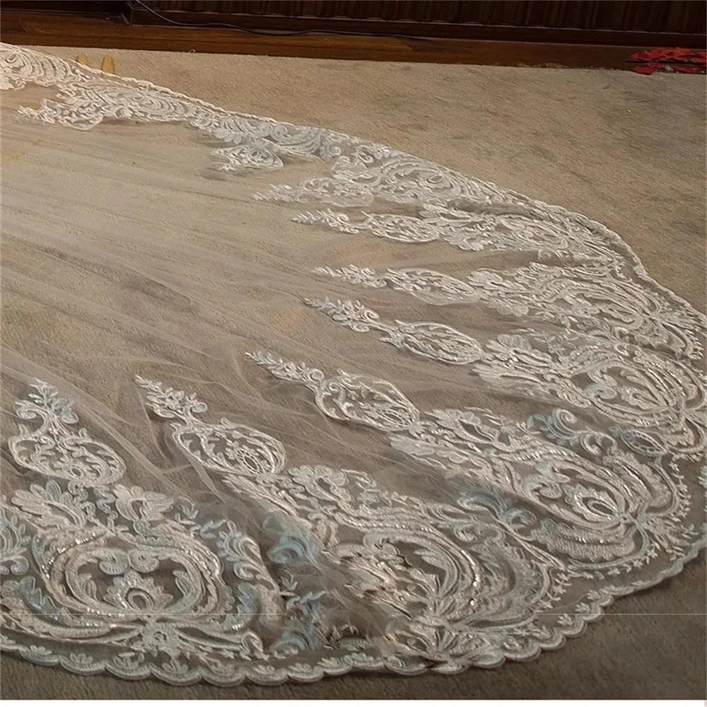 Schleier Braut,Brautschleier Einlagiger Hochzeitsschleier mit Kamm, weißer Spitzenrand, Brautschleier, applizierte Kathedralen, Hochzeitsschleier(300cm)