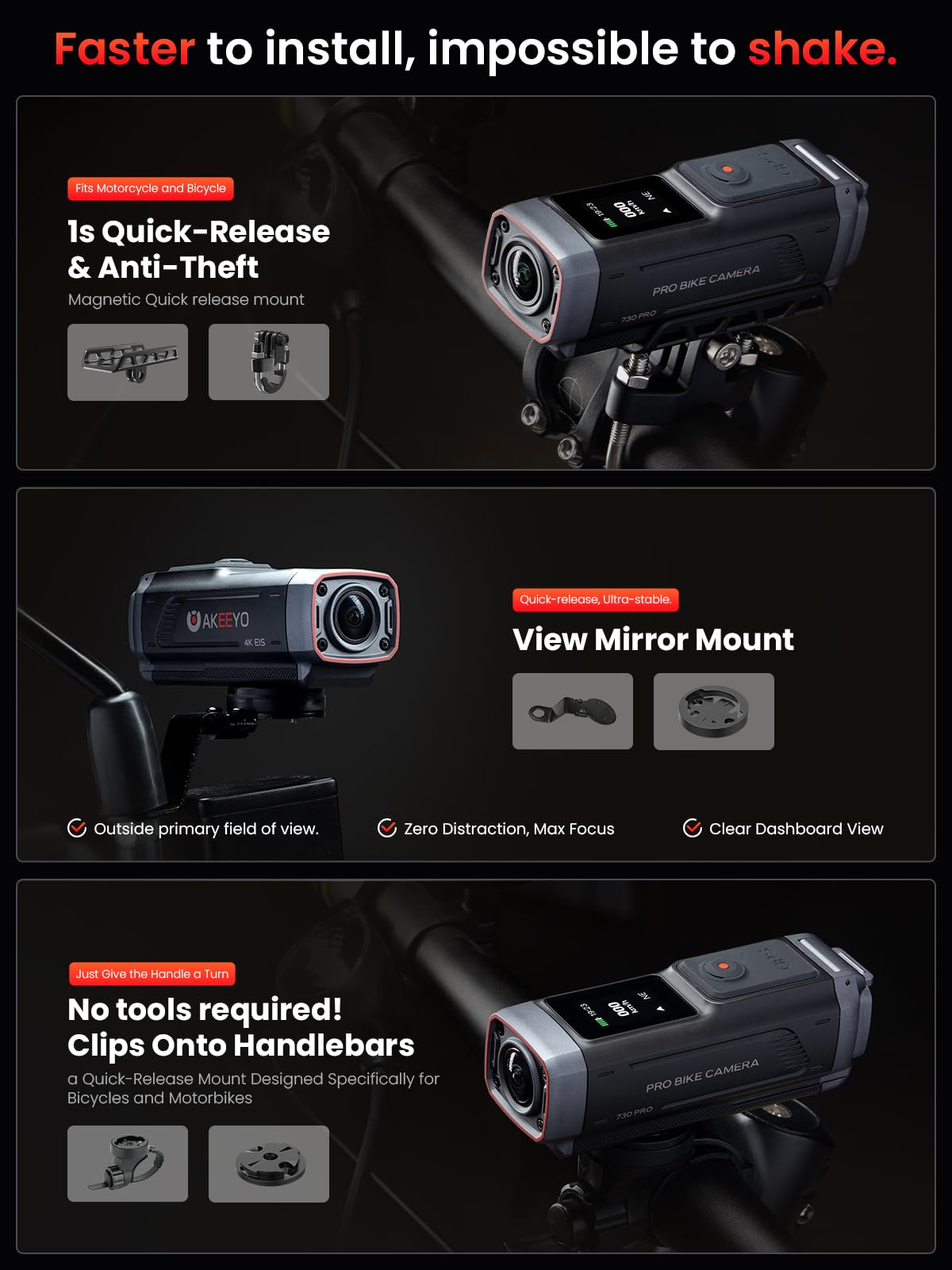 AKEEYO AKY-730Pro 4K Motorrad/Fahrrad Dashcam,60FPS Action-Kamera mit EIS-Stabilisierung,1,14" Touchscreen, integriertes GPS,IP66 wasserdicht, bis zu 6 Stunden Akkulaufzeit,Loop-Aufnahme, Parkmonitor