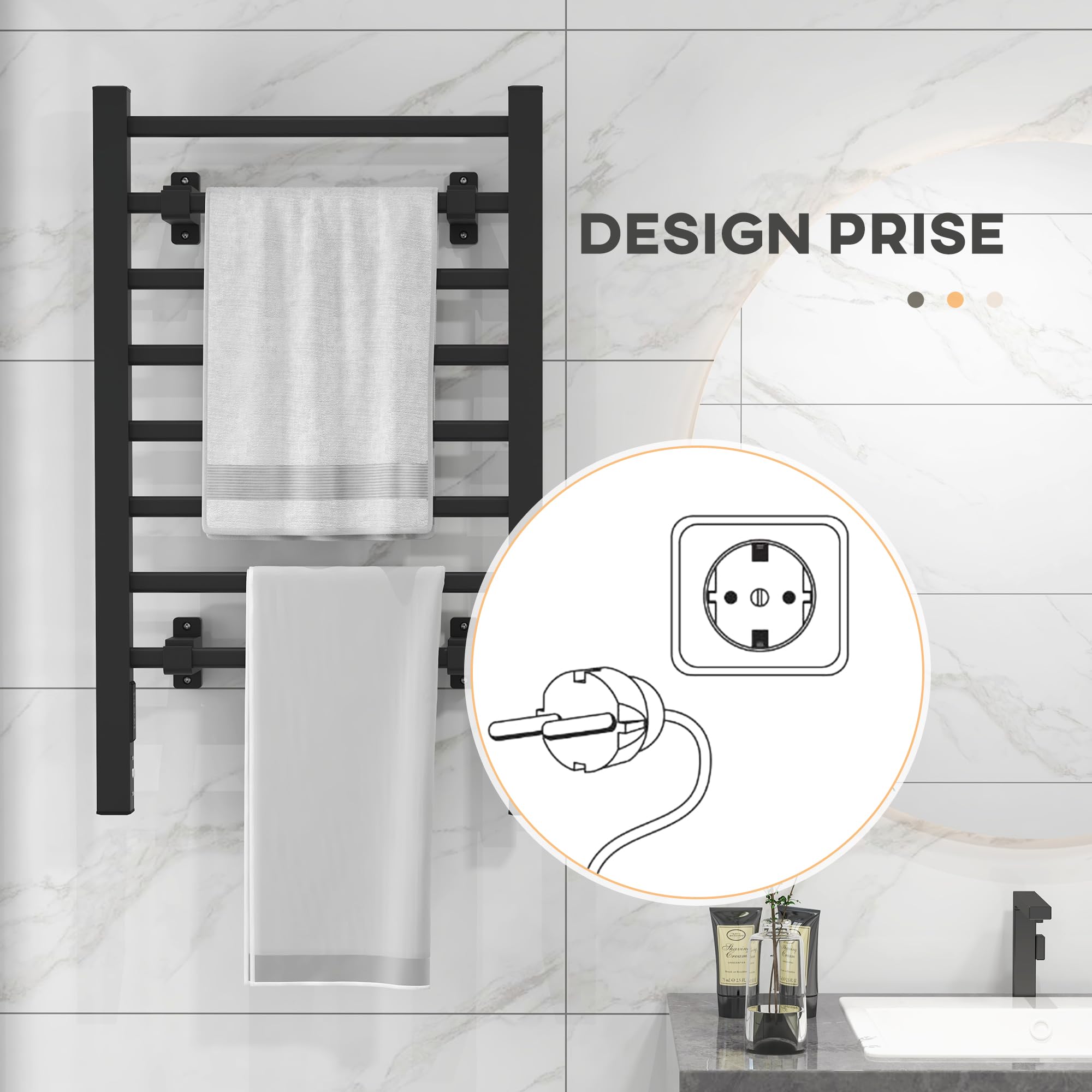 HOMCOM Sèche Serviettes électrique, radiateur Porte-Serviettes, Mural ou sur Pied, en Alliage d'aluminium avec 8 Barres, minuterie 2 ou 4 Heures, résistant à l'eau, 150W, 53 x 35 x 90 cm, Noir