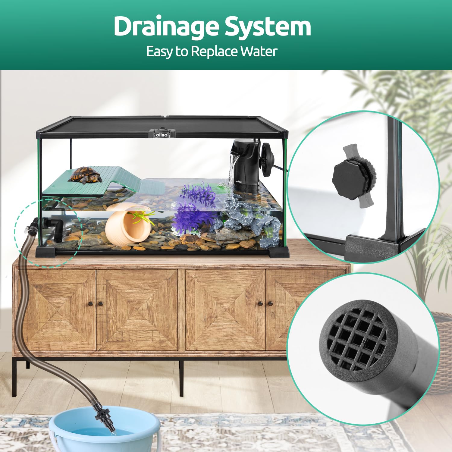 Schildkröten-Tank-Set aus Glas, 30,8 x 30,5 x 25,4 cm, Starter-Set mit Drainagesystem, Sonnenplattform und leisem Aquarium-Eck-Innenfilter, Wasserschildkröten-Terrarium