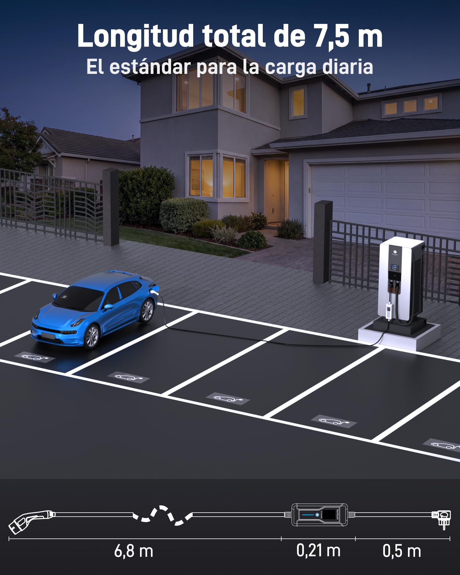 Cargador Coche Eléctrico (3,7 kW, 16 A, 7,5 m, Schuko a Tipo 2) | Monofásico | IP67 | 6–16 A | Timer + inicio diferido | LCD 2,4" | RCD CA/CC | Cable Modo 2 / wallbox móvil | para VE y PHEV