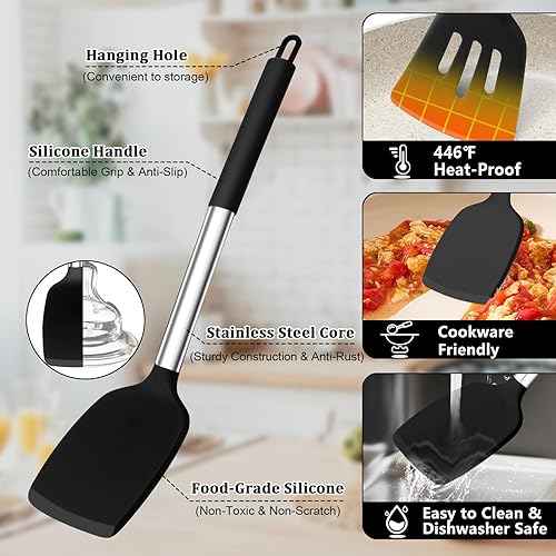 Miniatura 3 de TeamFar Juego de 14 utensilios de cocina de silicona, con mango de acero inoxidable, para freír, servir, voltear y escurrir, no tóxico y resistente