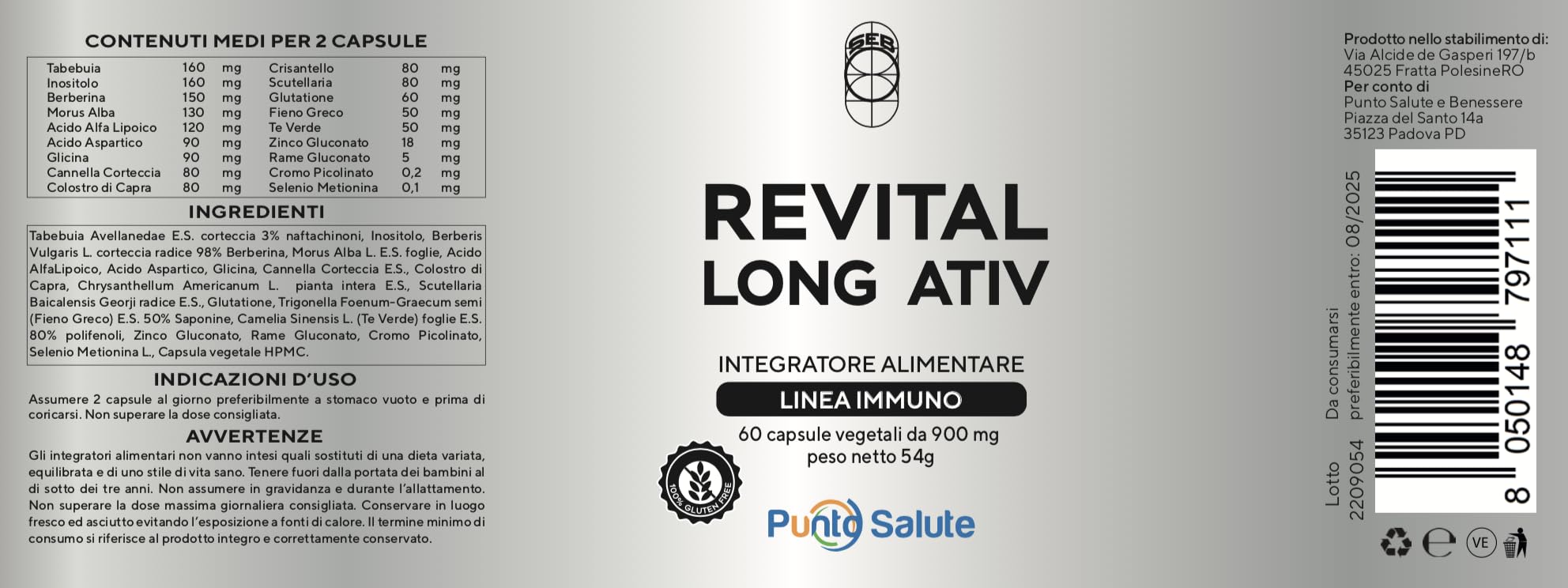 SEB - Revital Long Ativ - Integratore alimentare naturale da 60 capsule da 900 mg - Prodotto in Italia - Senza glutine