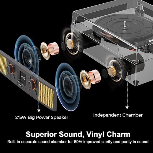 Miniatura 5 de Reproductor de discos de vinilo, tocadiscos Bluetooth de 3 velocidades con altavoces integrados, reproducción de LP accionada por correa, radio FM y